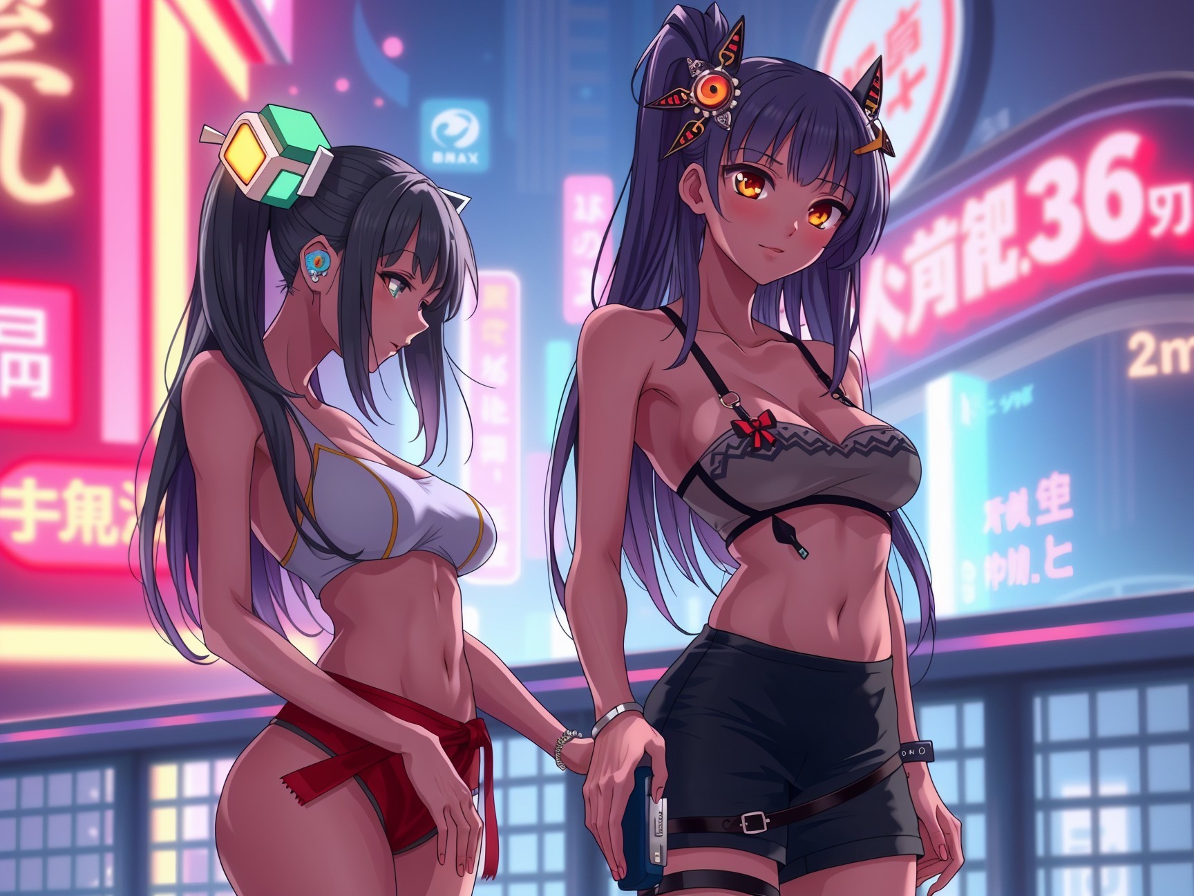 Stylish Characters in Neon-Lit Cityscape Scene