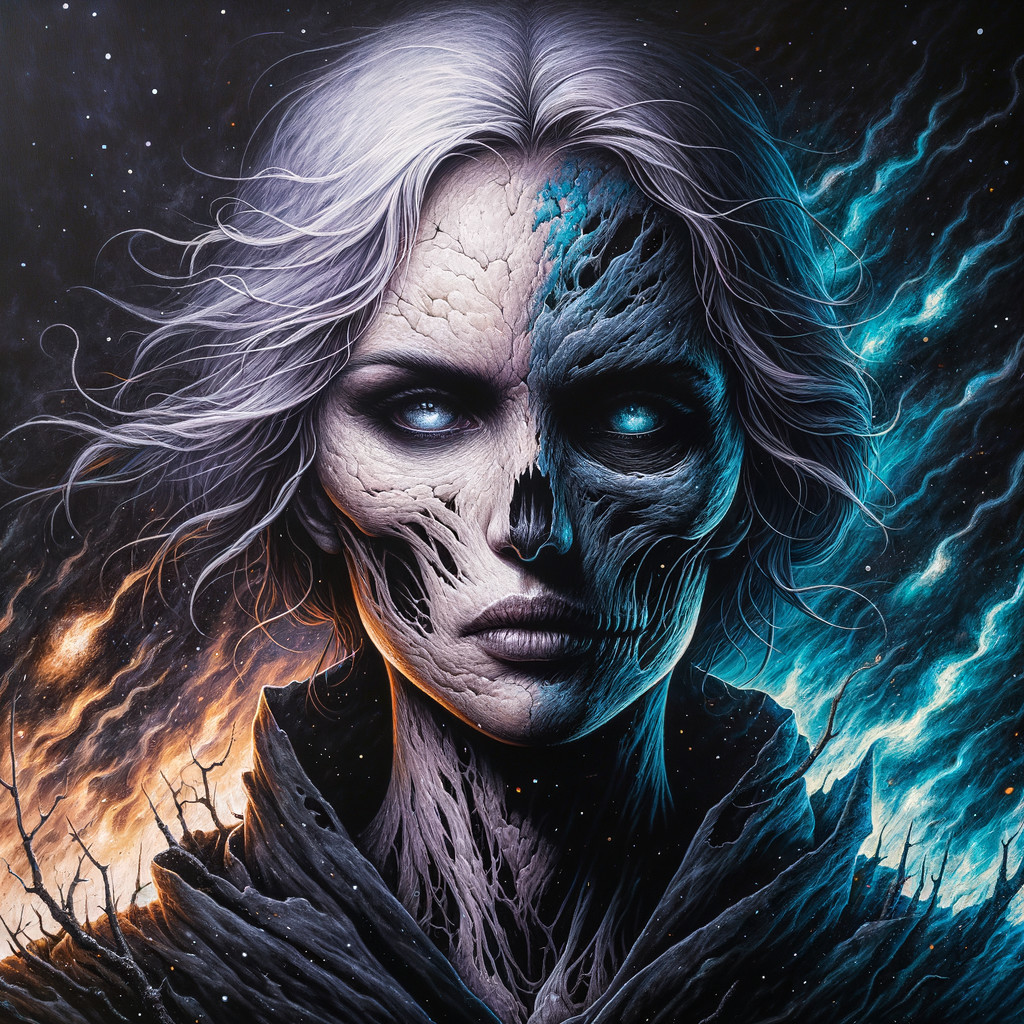 Half-Human, Half-Skeletal Figure in Cosmic Setting