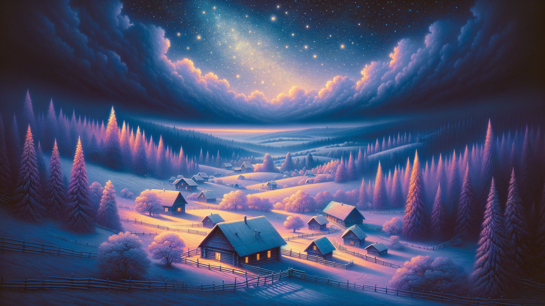 Dreamy Winter Landscape with Cozy Cottages and Snow