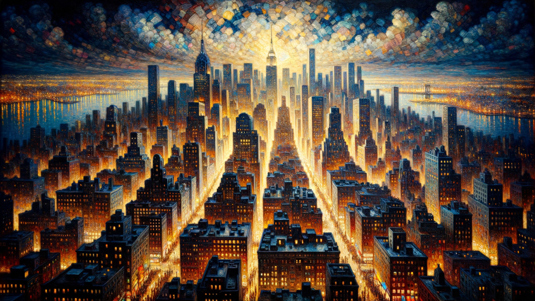 Colorful Night Cityscape with Skyscrapers and Water