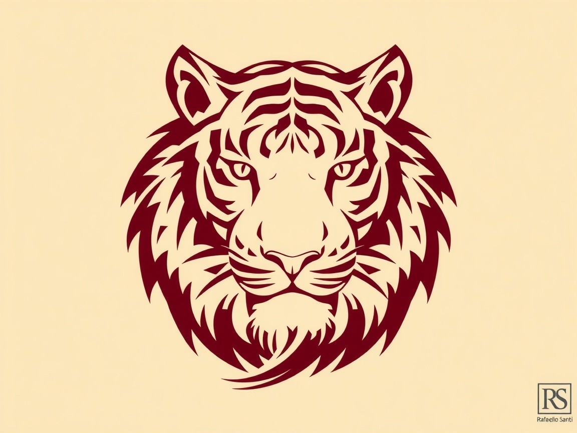 Illustration of a tiger's head in maroon and beige