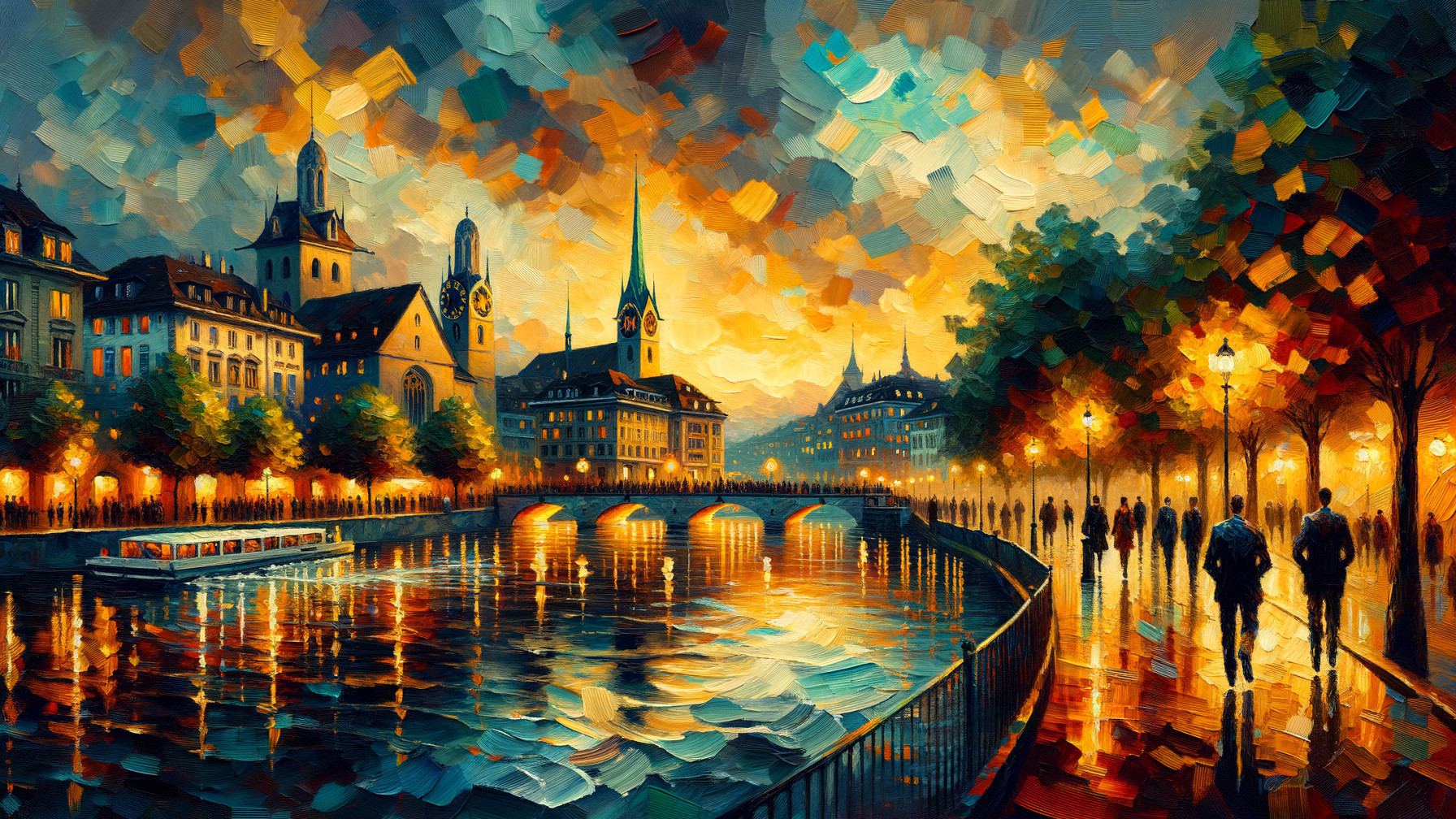 Vibrant cityscape at sunset with historic buildings