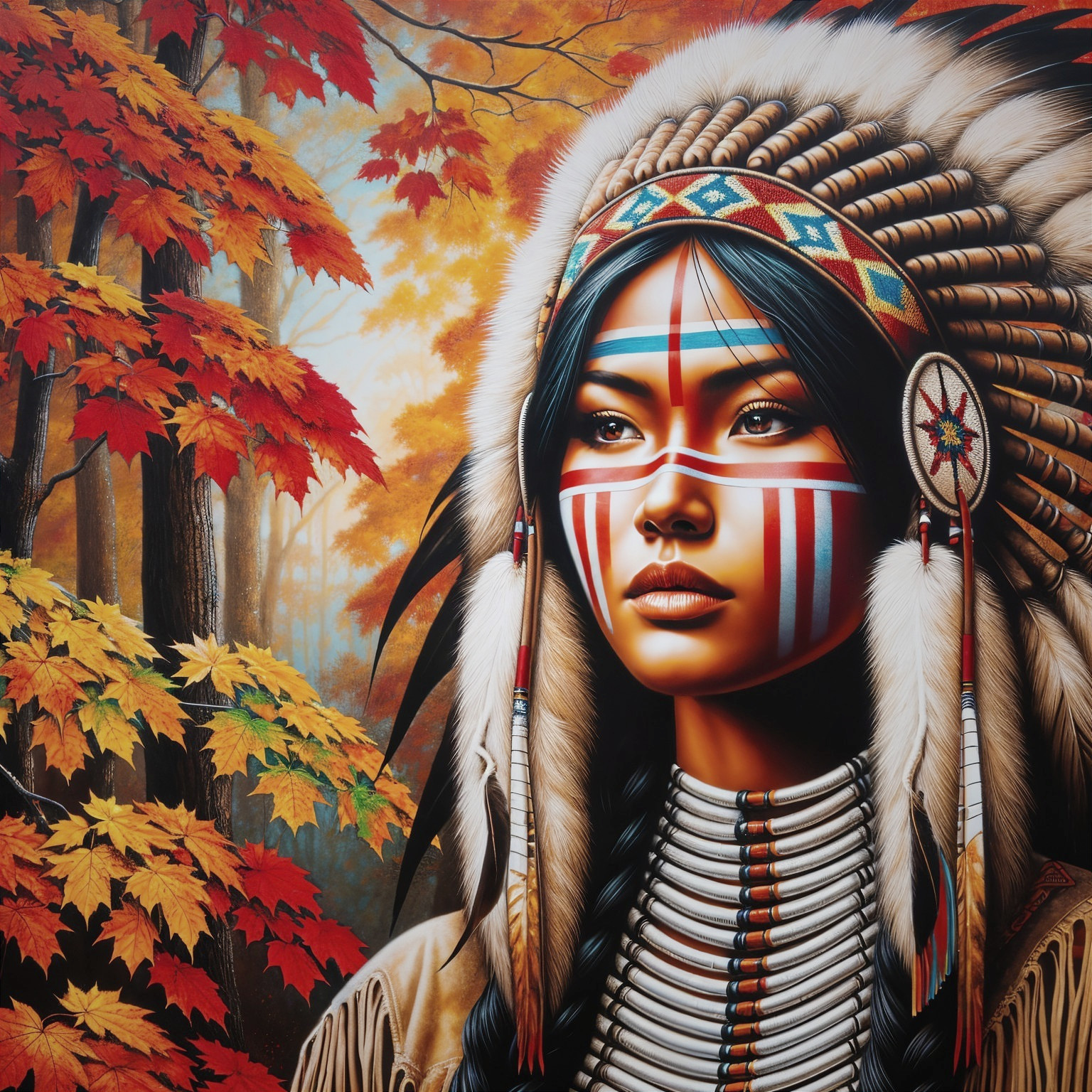 Young Indigenous Woman in Traditional Attire and Autumn Leaves