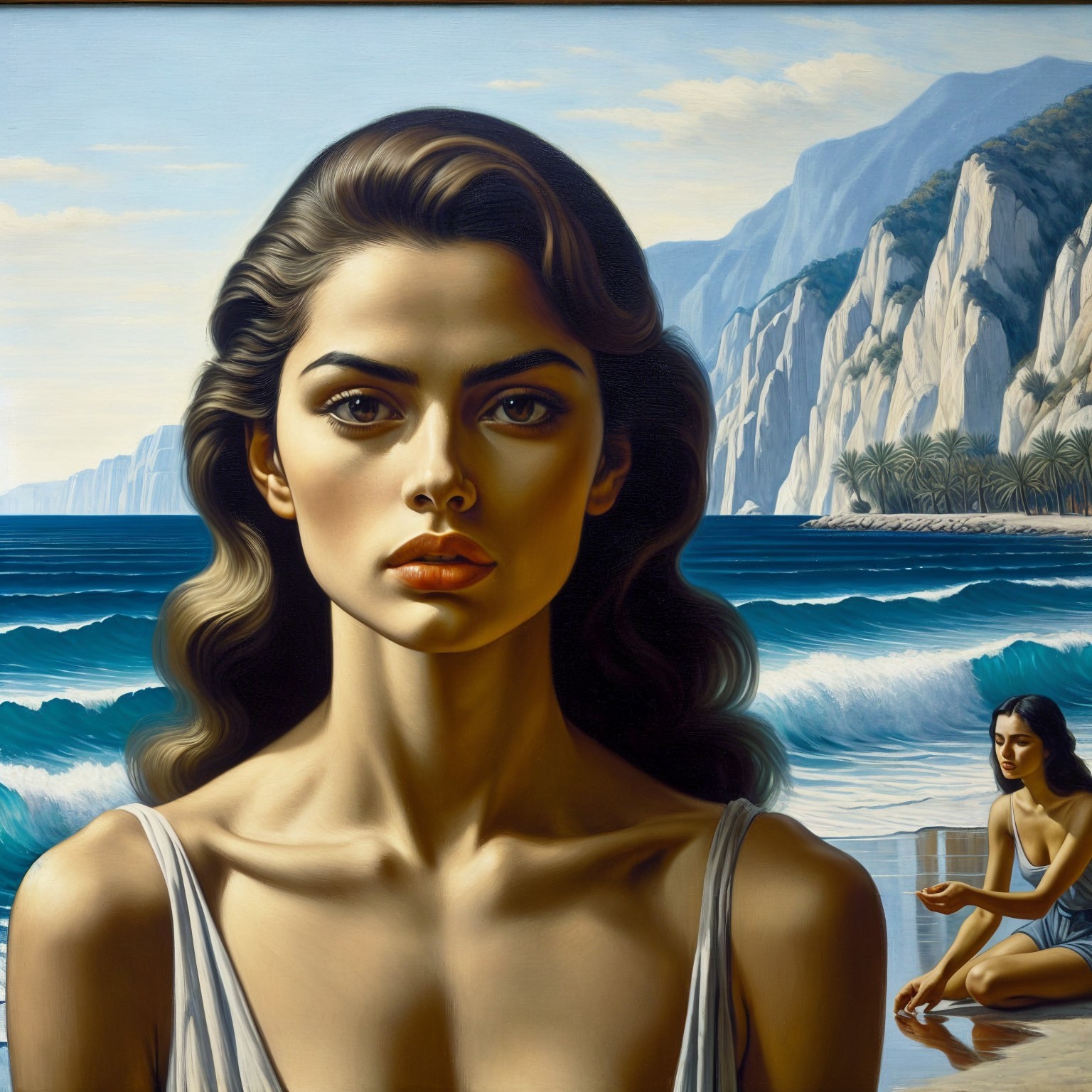 Portrait of a Young Woman by Vibrant Coastal Scene
