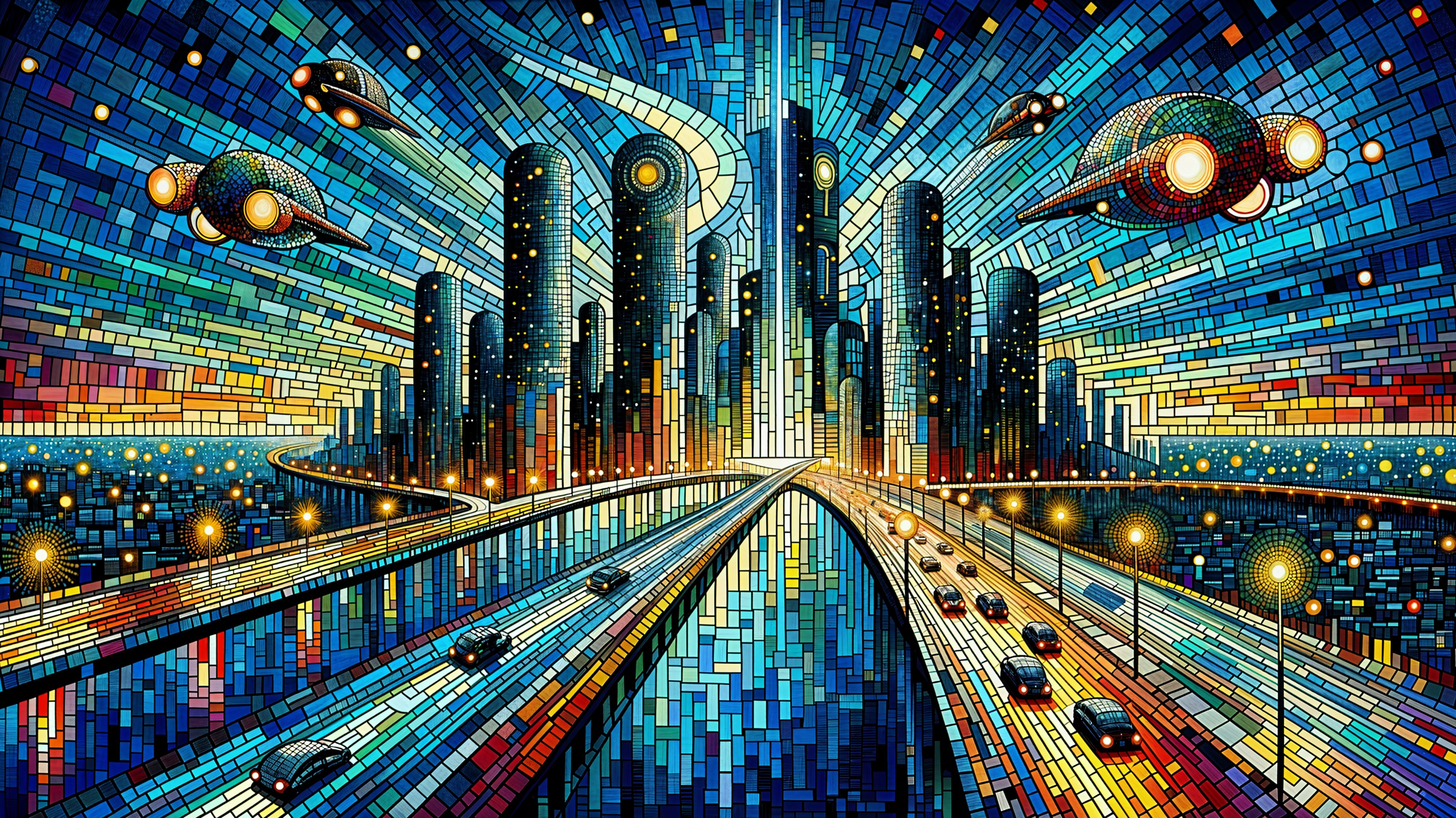 Futuristic Mosaic Cityscape with Skyscrapers and Spacecraft