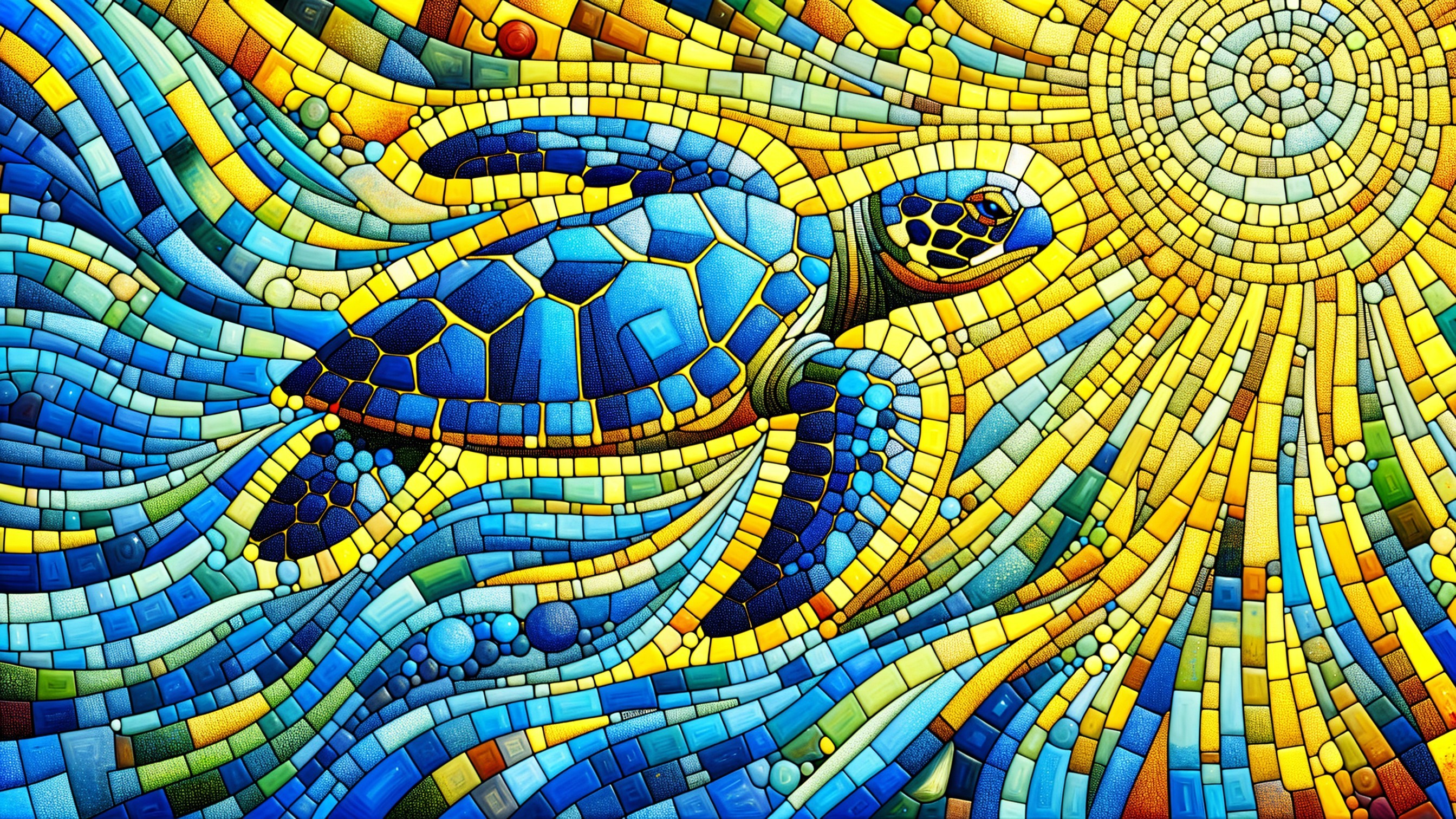 Vibrant Mosaic of Sea Turtle in Flowing Blue Waves