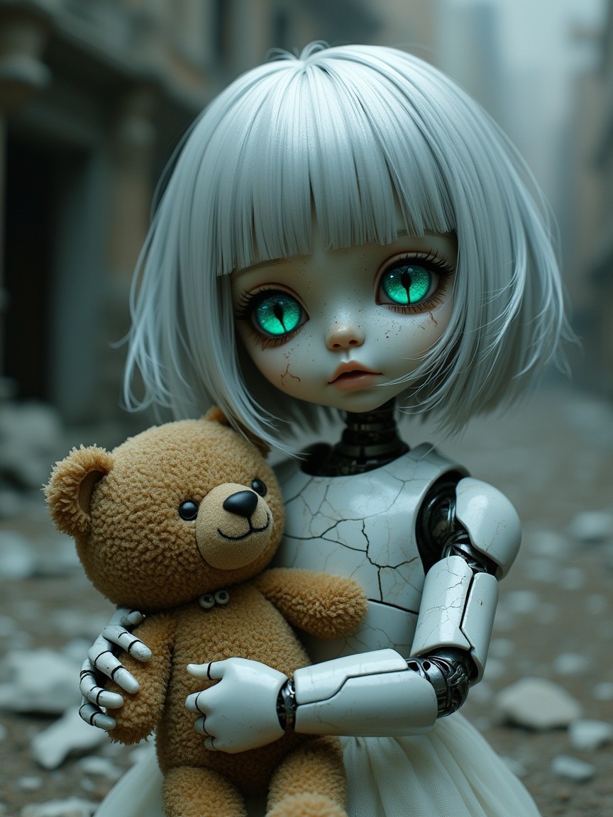 Doll with Human-Robotic Features in Desolate Setting