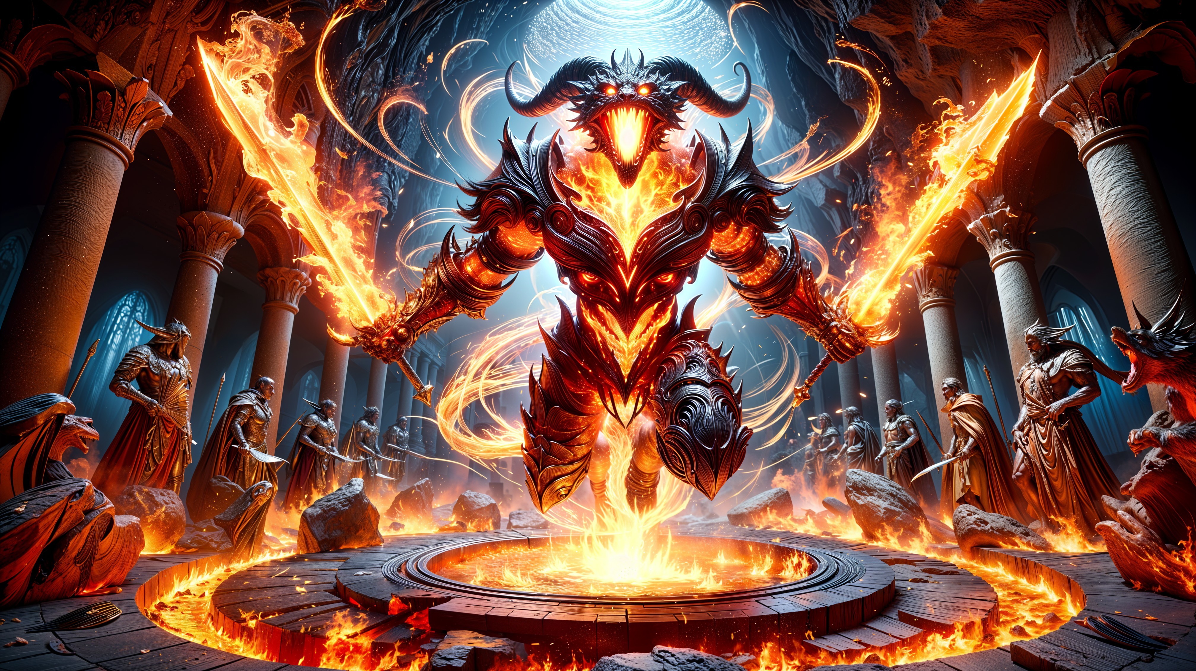 Fiery Figure on Stone Platform Surrounded by Flames