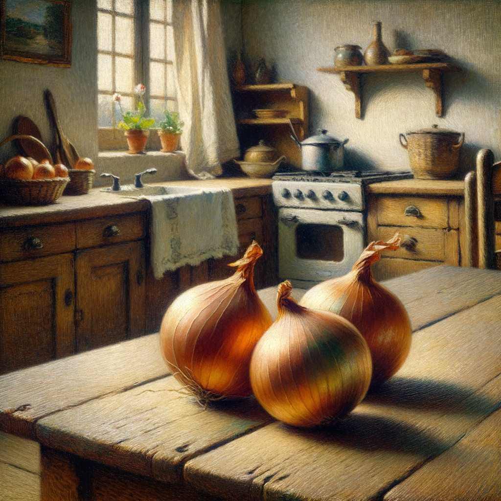 Cozy kitchen with rustic cabinets and fresh onions
