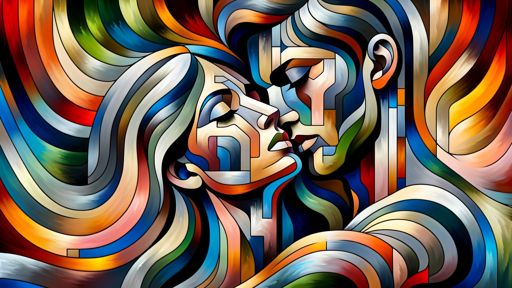 Abstract Painting of Embracing Couple in Bold Colors