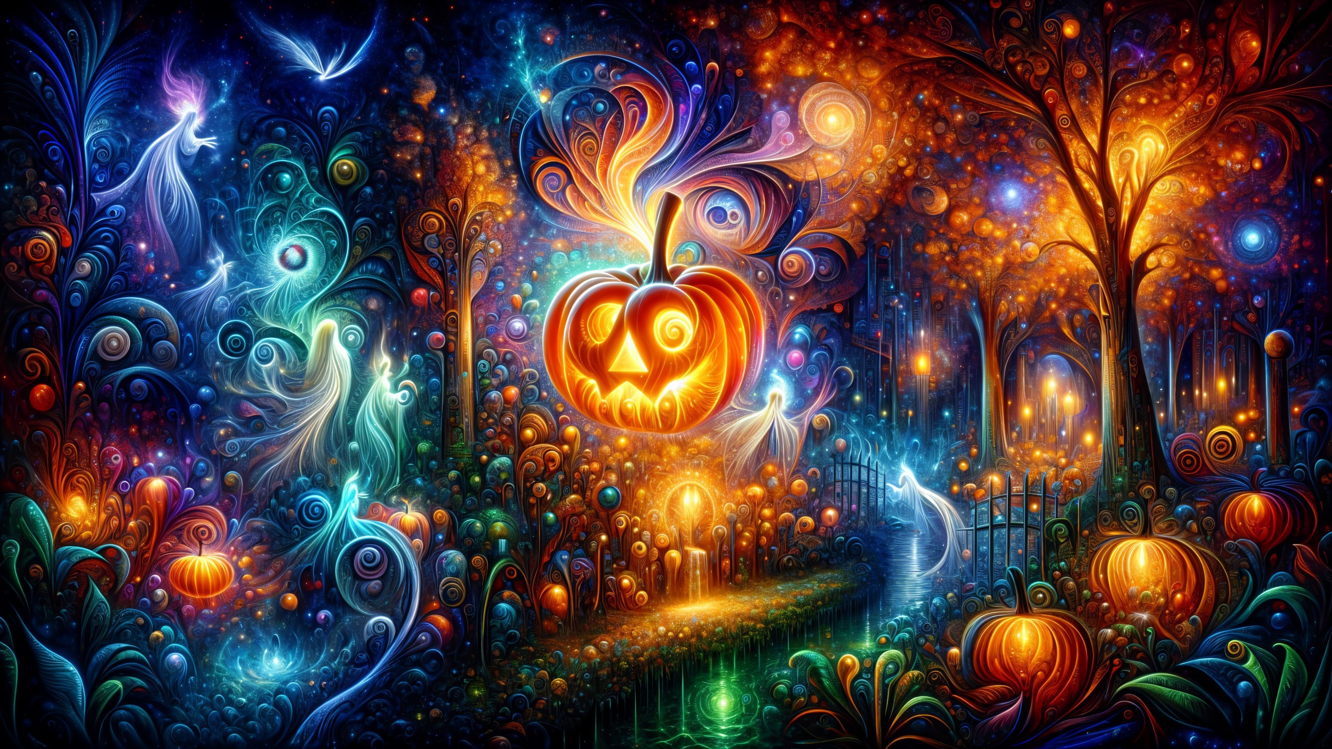 Vibrant Halloween Scene with Pumpkins and Spirits