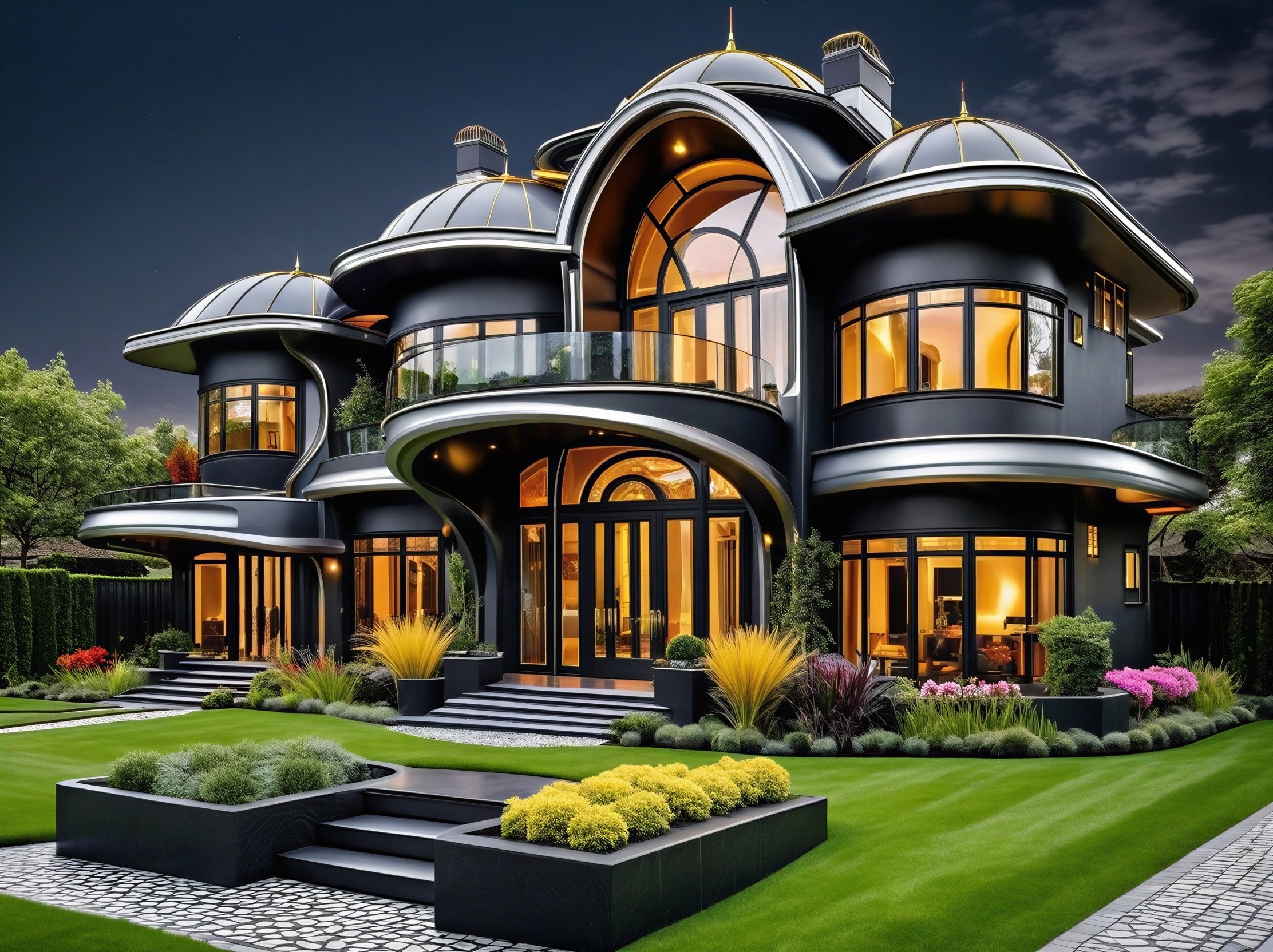 Modern Mansion with Curved Black Façades and Domes