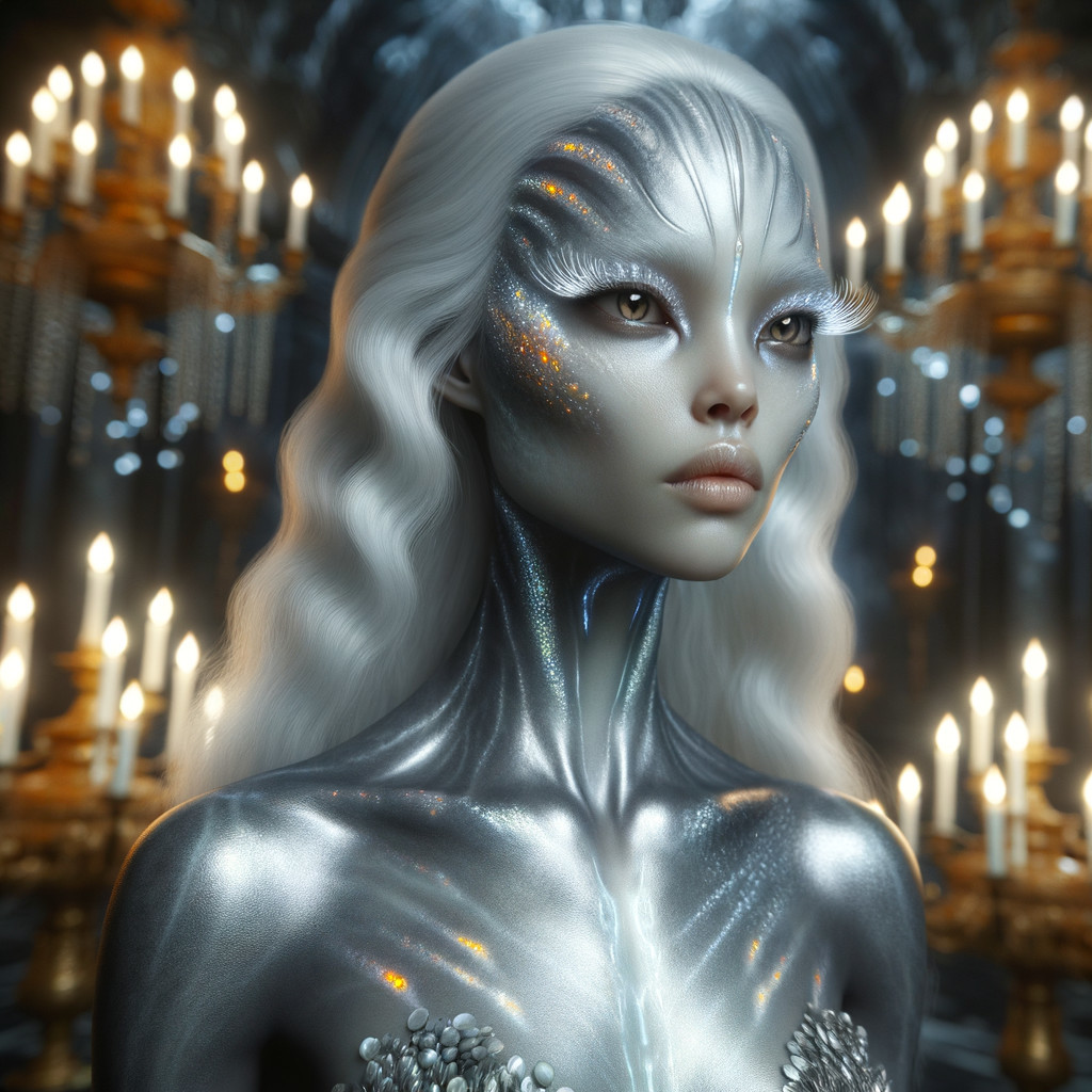 Ethereal Figure with Silver Skin and White Hair