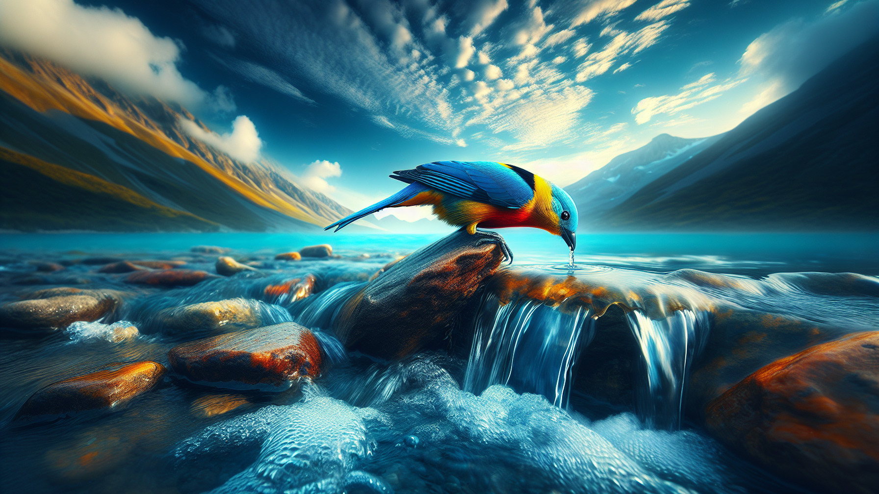 Vibrant Bird by a Crystalline Stream in Nature