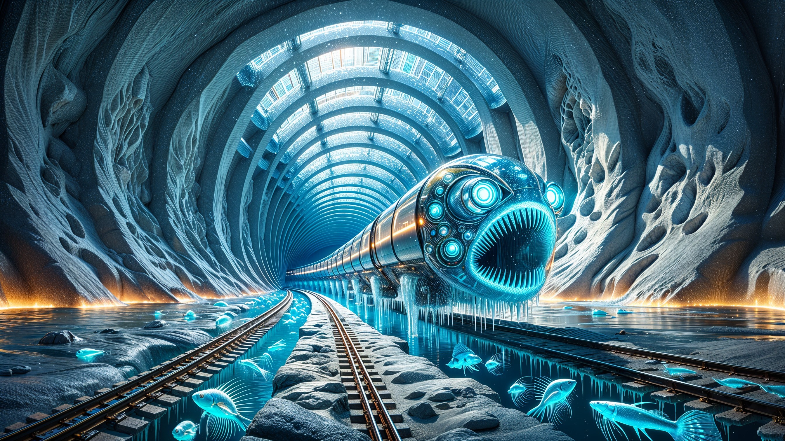 Futuristic tunnel with glowing creature and aquatic theme