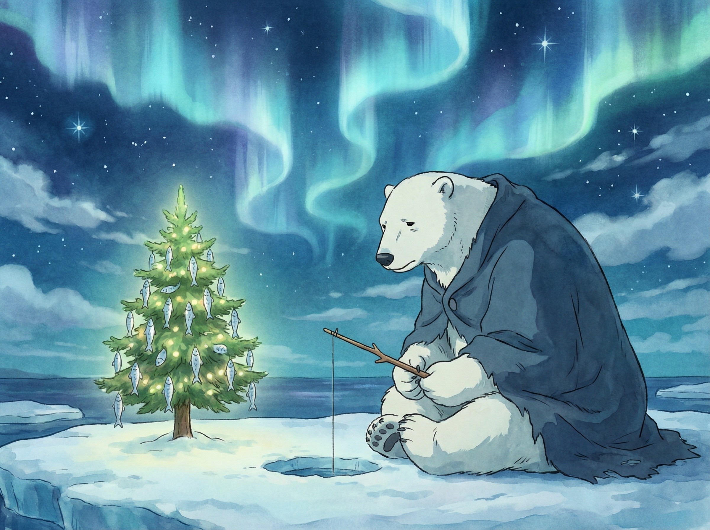 Arctic Scene with Polar Bear and Northern Lights