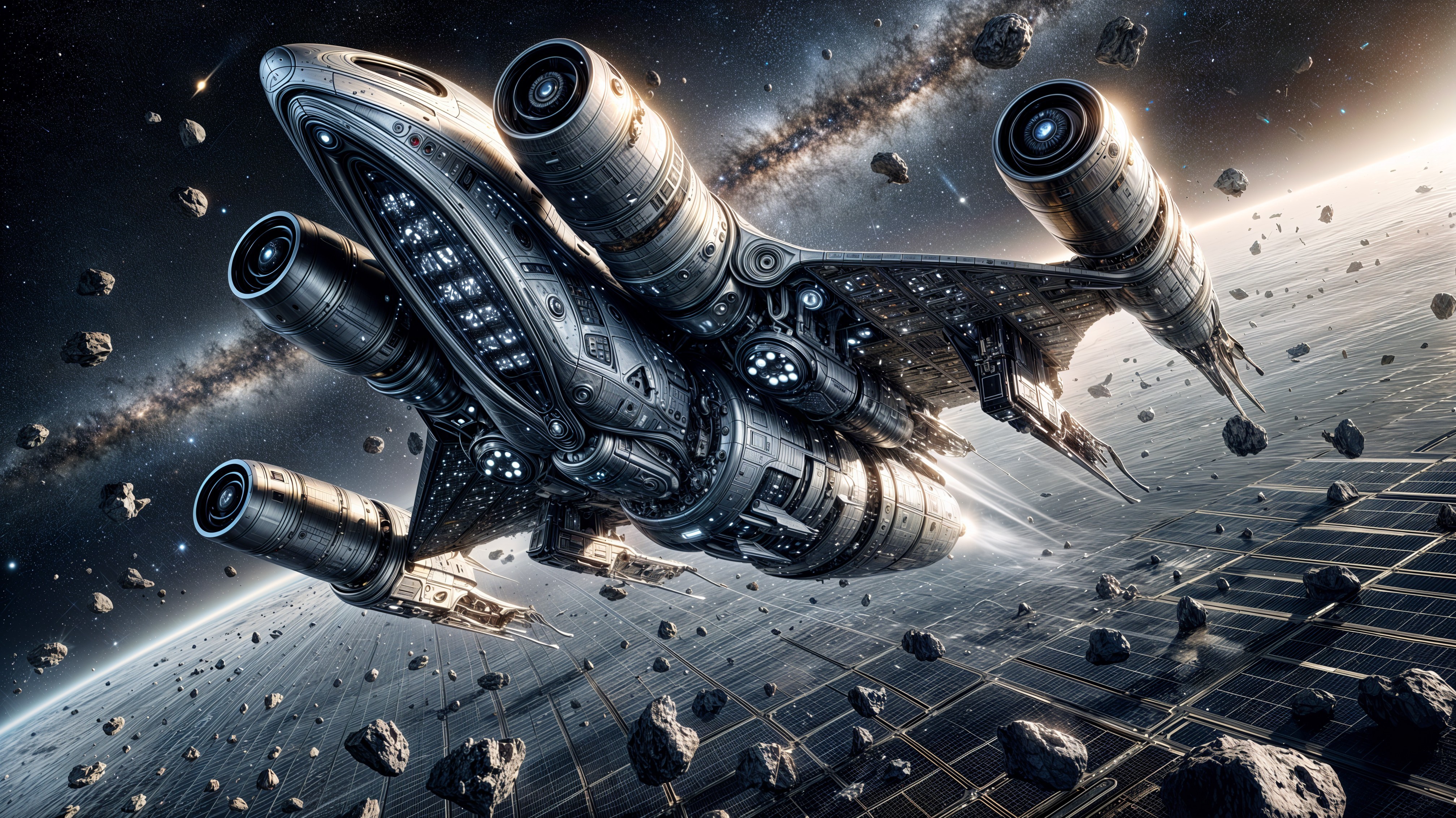 Futuristic spaceship navigating through a starry galaxy