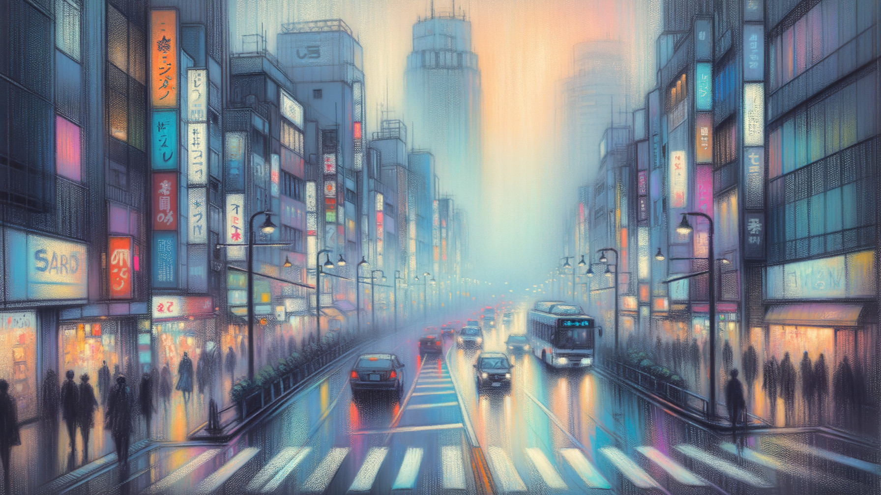 Vibrant Urban Street Scene with Neon Lights and Silhouettes