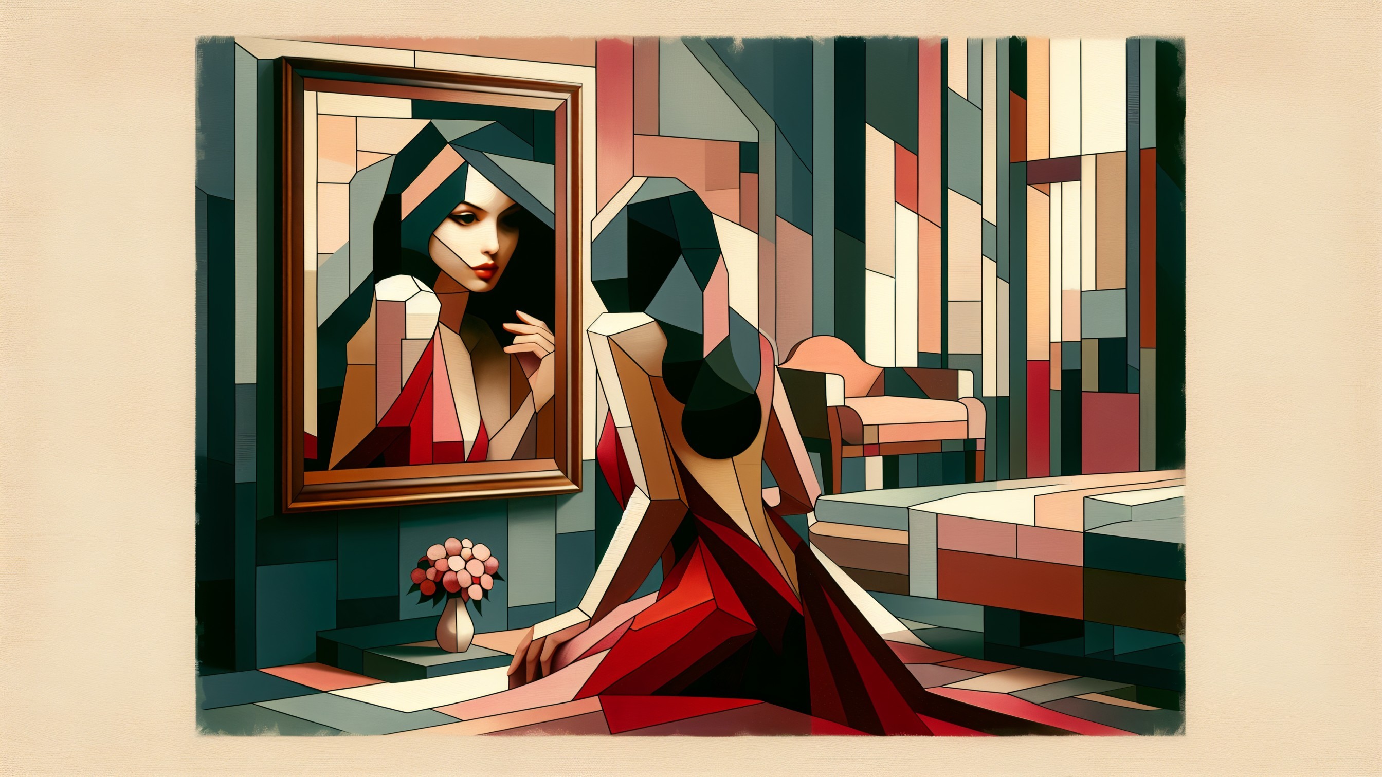 Woman in Red Dress in Abstract Living Space Artwork