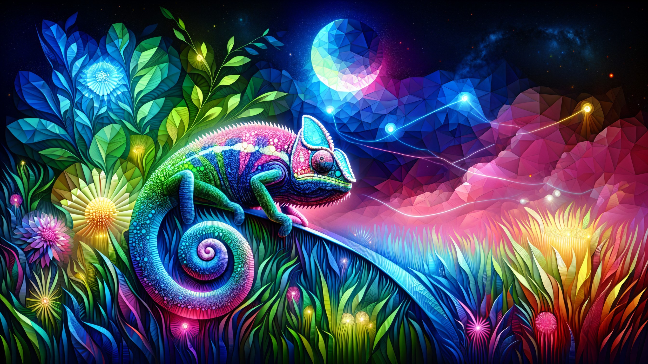 Vibrant Chameleon in Surreal Colorful Landscape