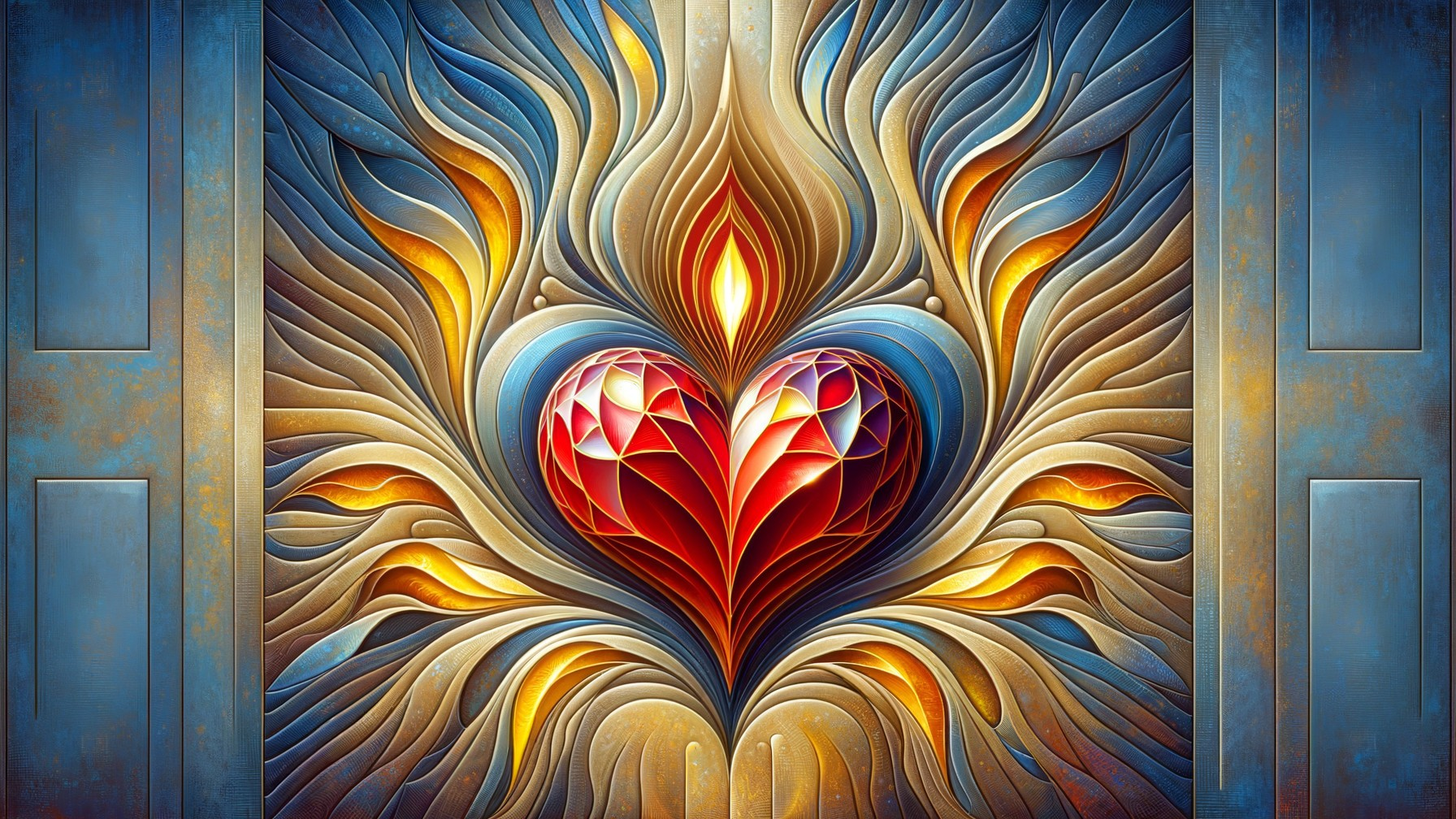 Ornate Artwork with Vibrant Red Heart and Flowing Patterns