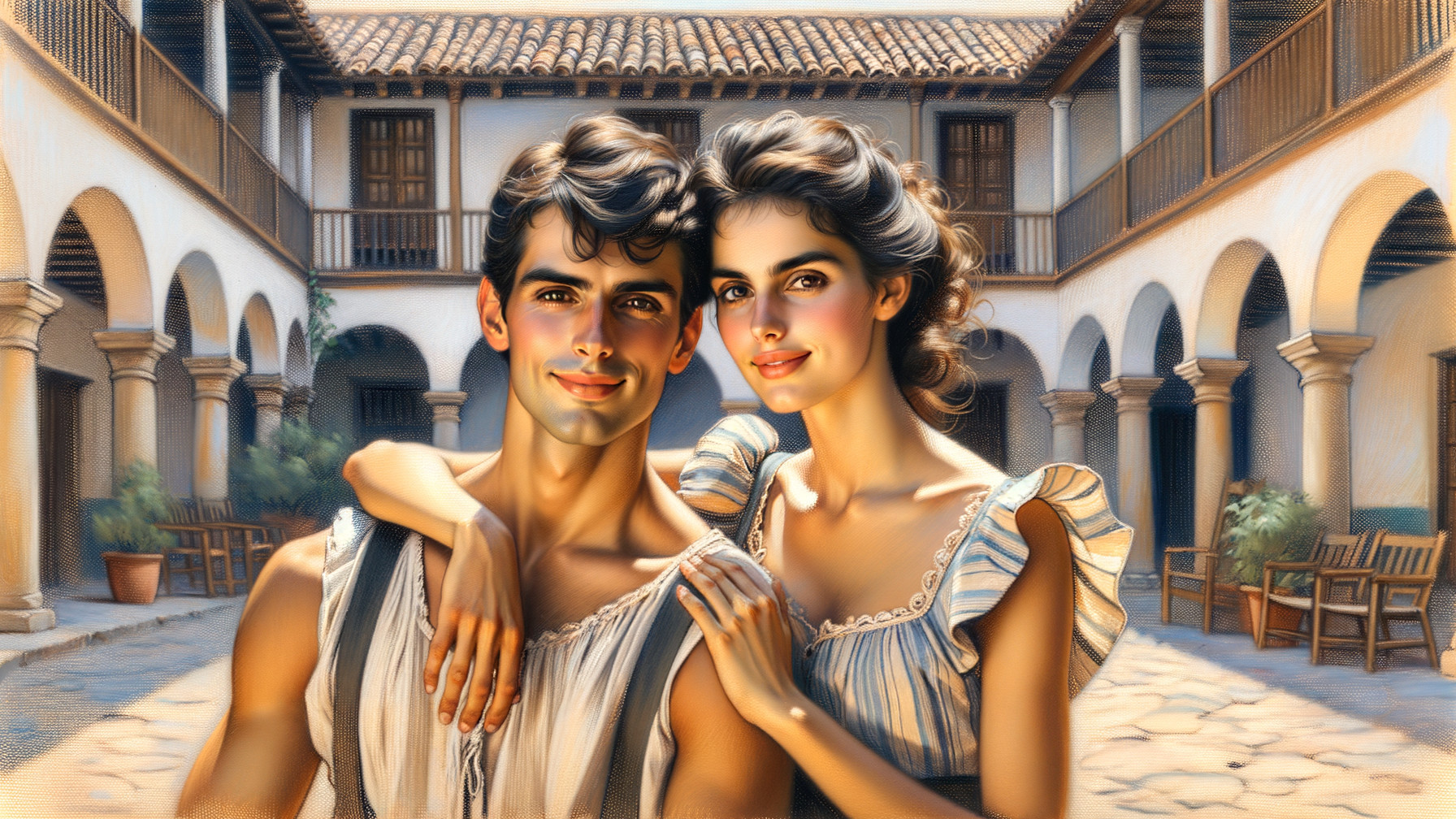 Young couple in sunlit courtyard with arches and tiles