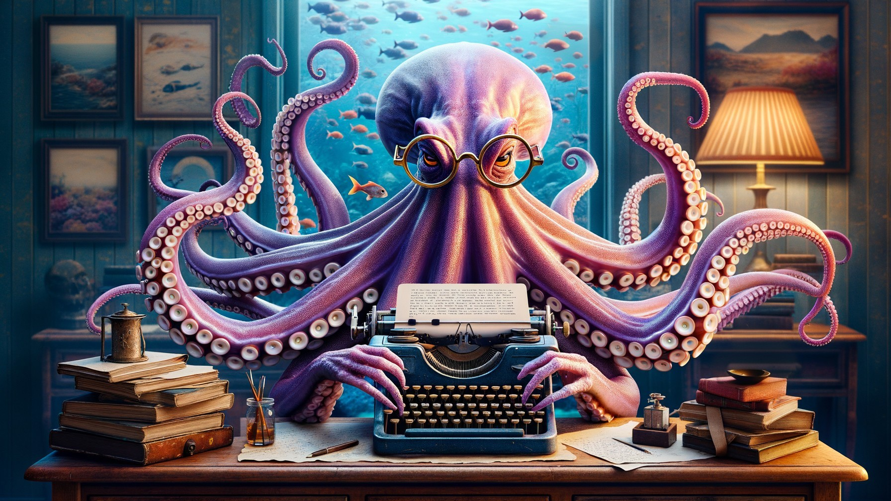 Colorful Octopus at Typewriter in Cozy Study Scene