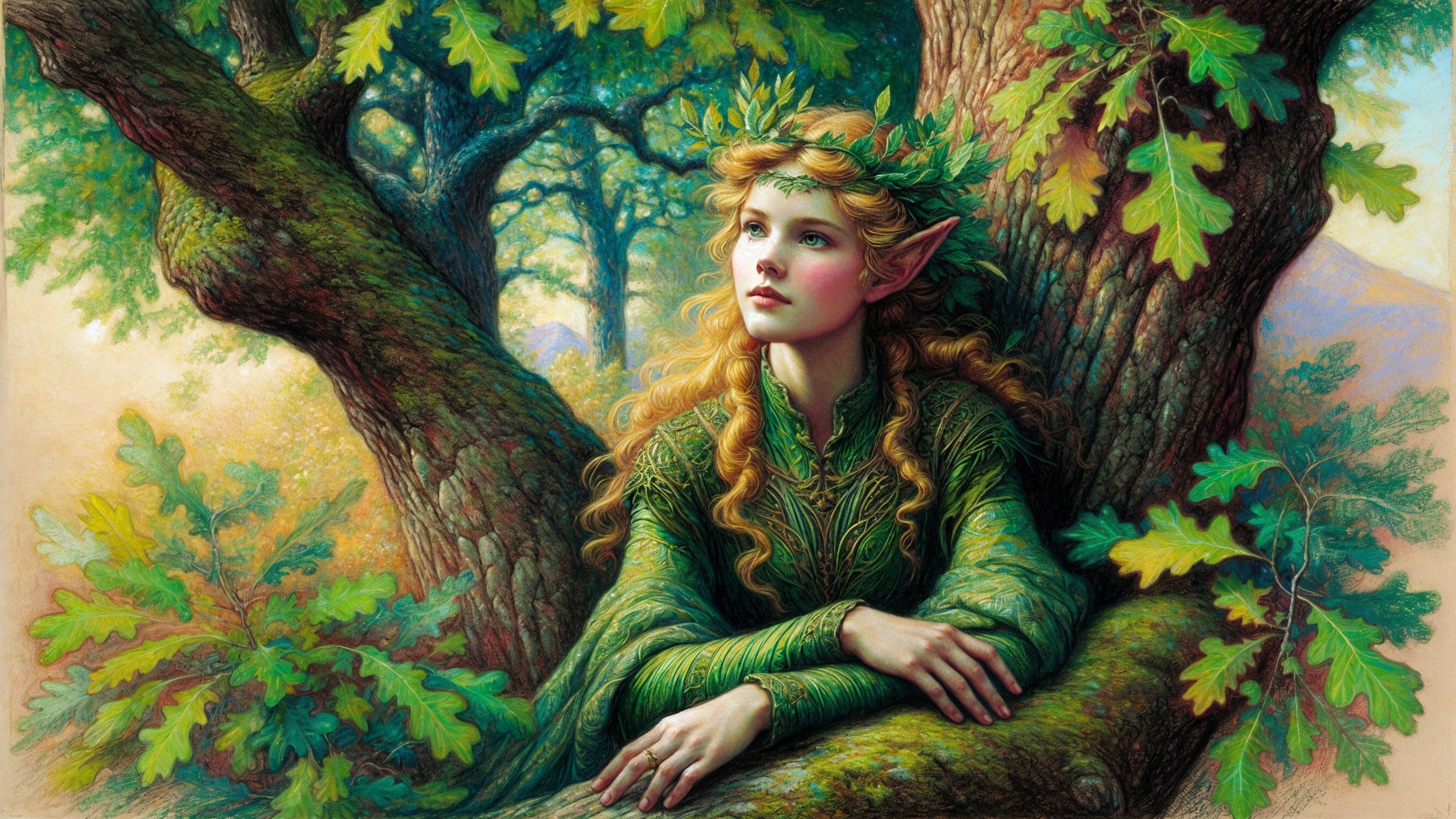 Serene Elf in Ancient Oak Tree in Enchanted Forest