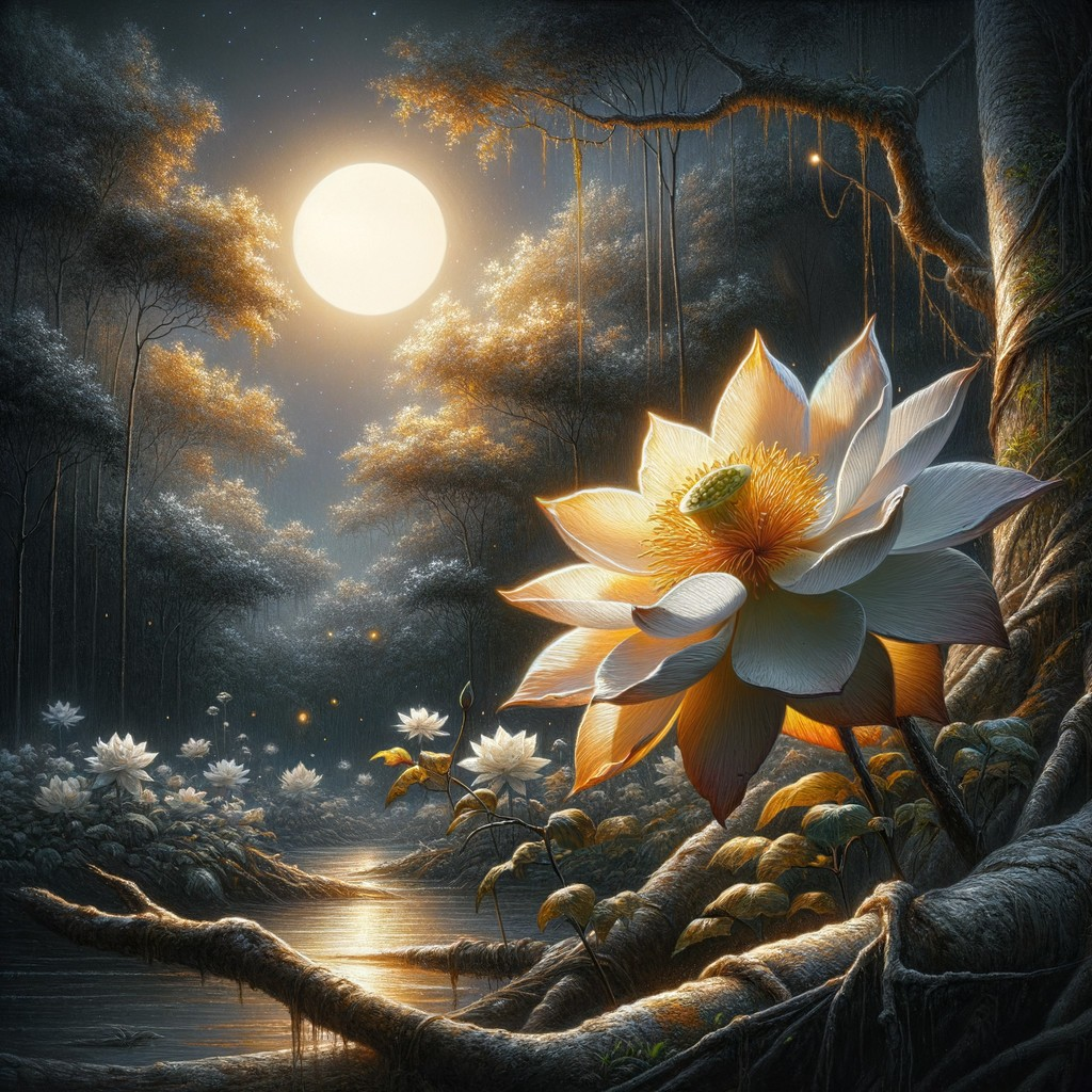 Ethereal Night Scene with Glowing Lotus Flower