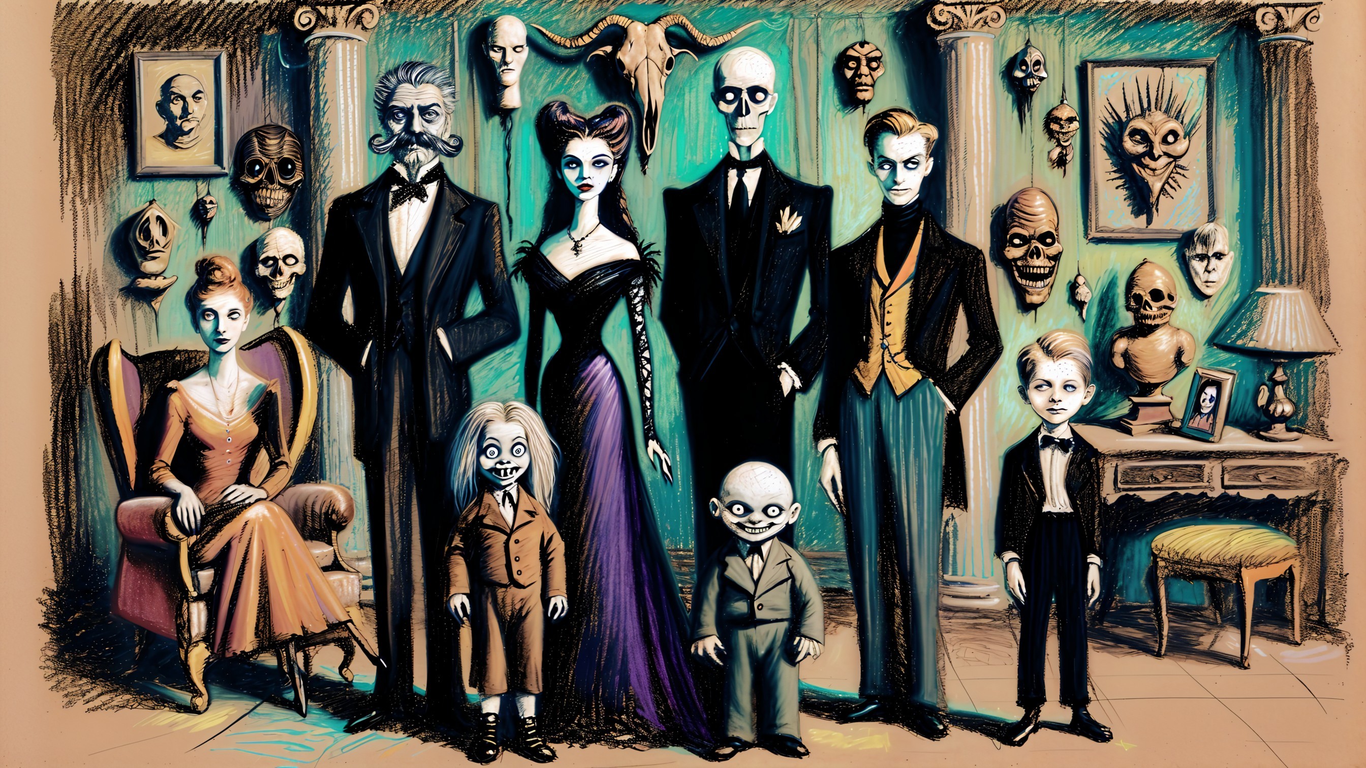 Gothic Family Portrait with Cartoonish Characters