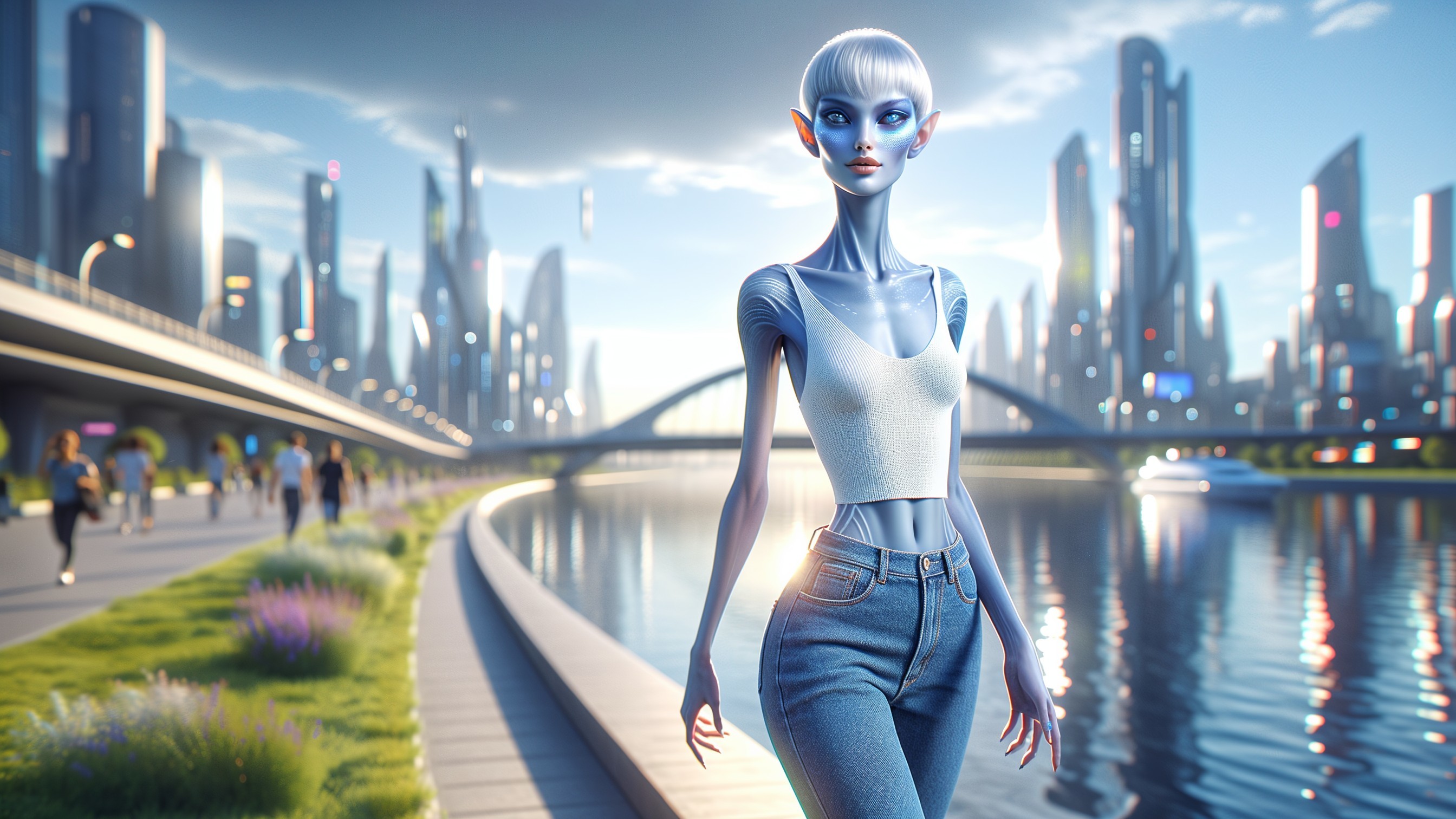 Futuristic cityscape with alien figure and lively waterfront