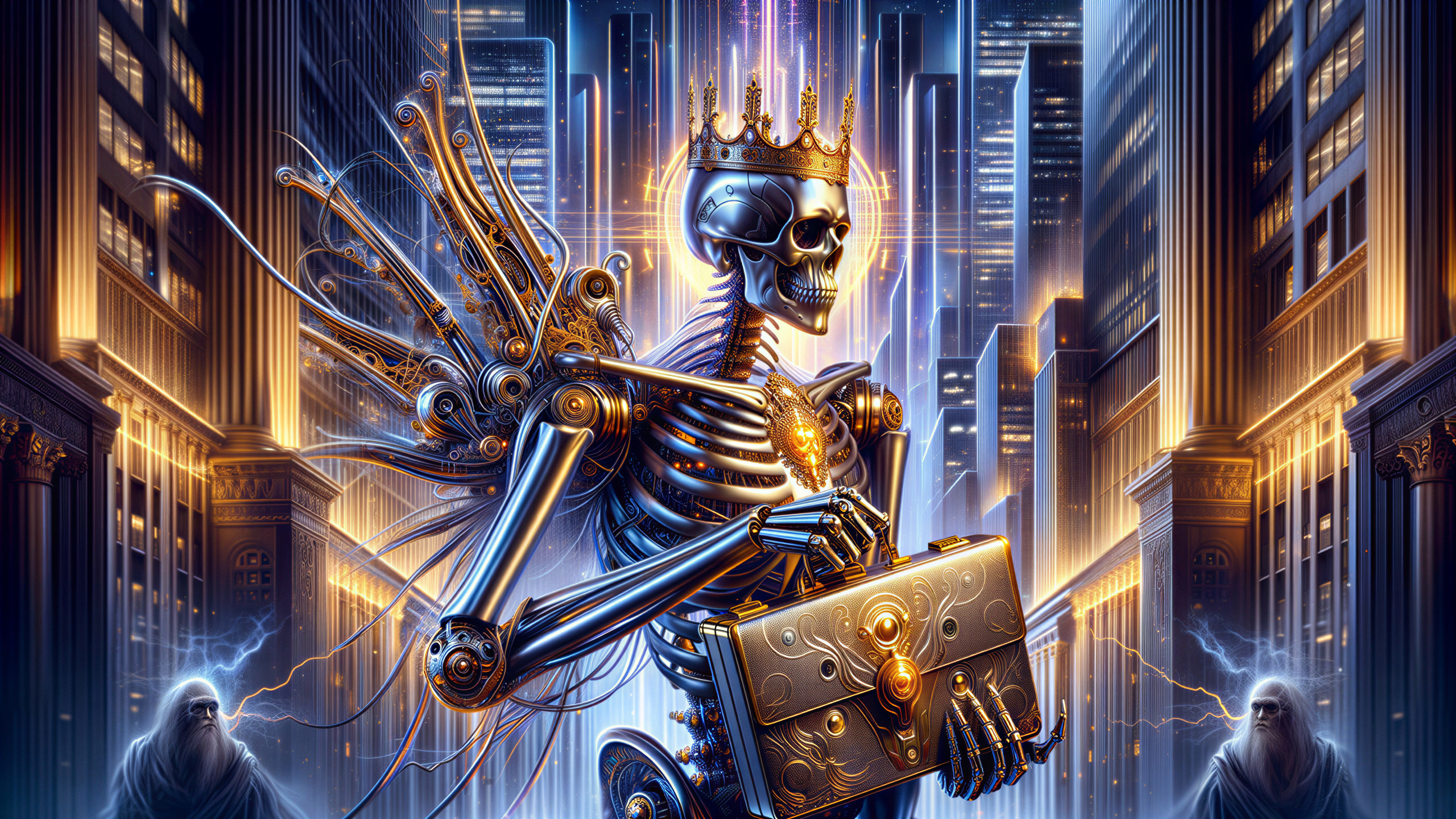 Futuristic Skeleton with Crown in Neon Cityscape