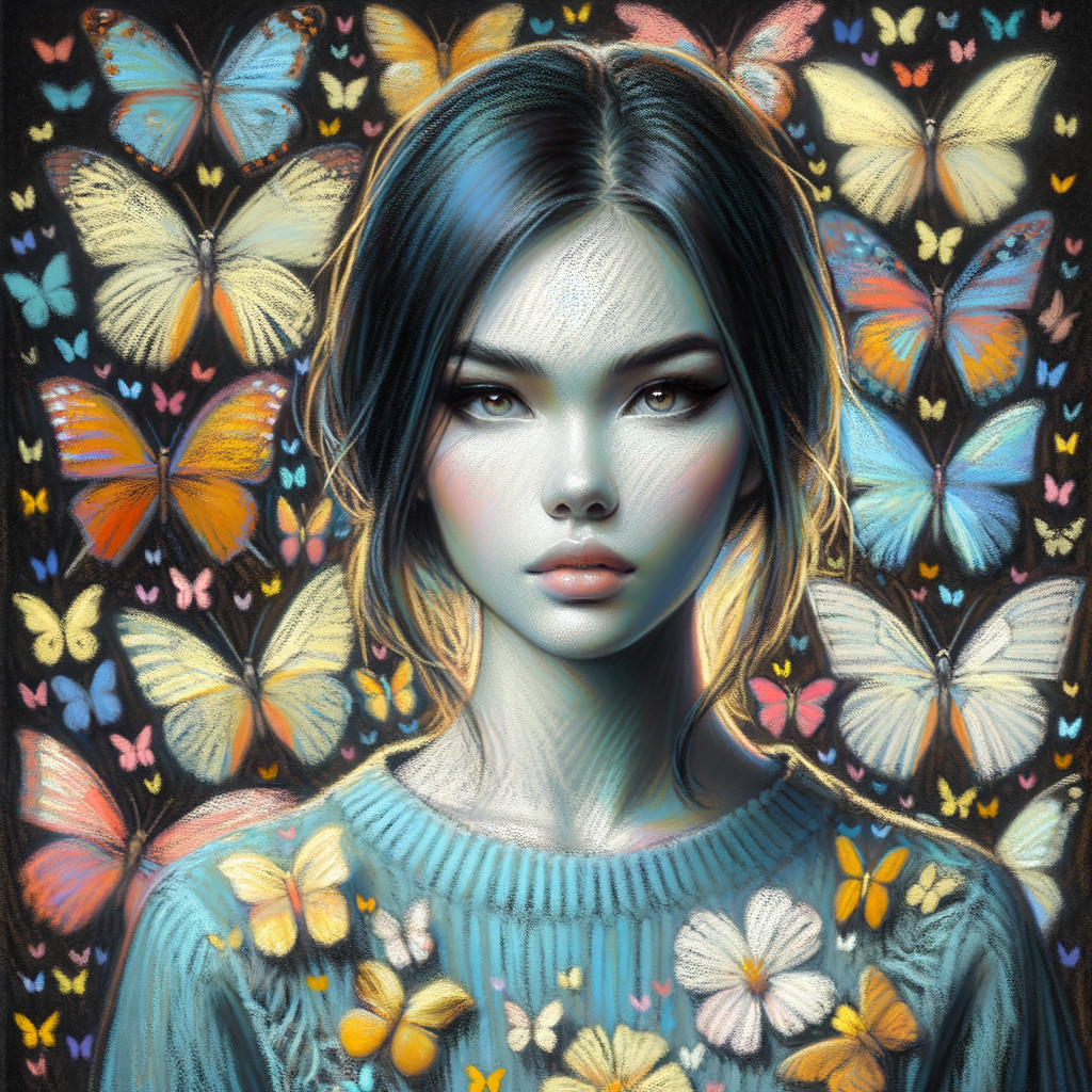 Portrait of a Young Woman with Colorful Butterflies