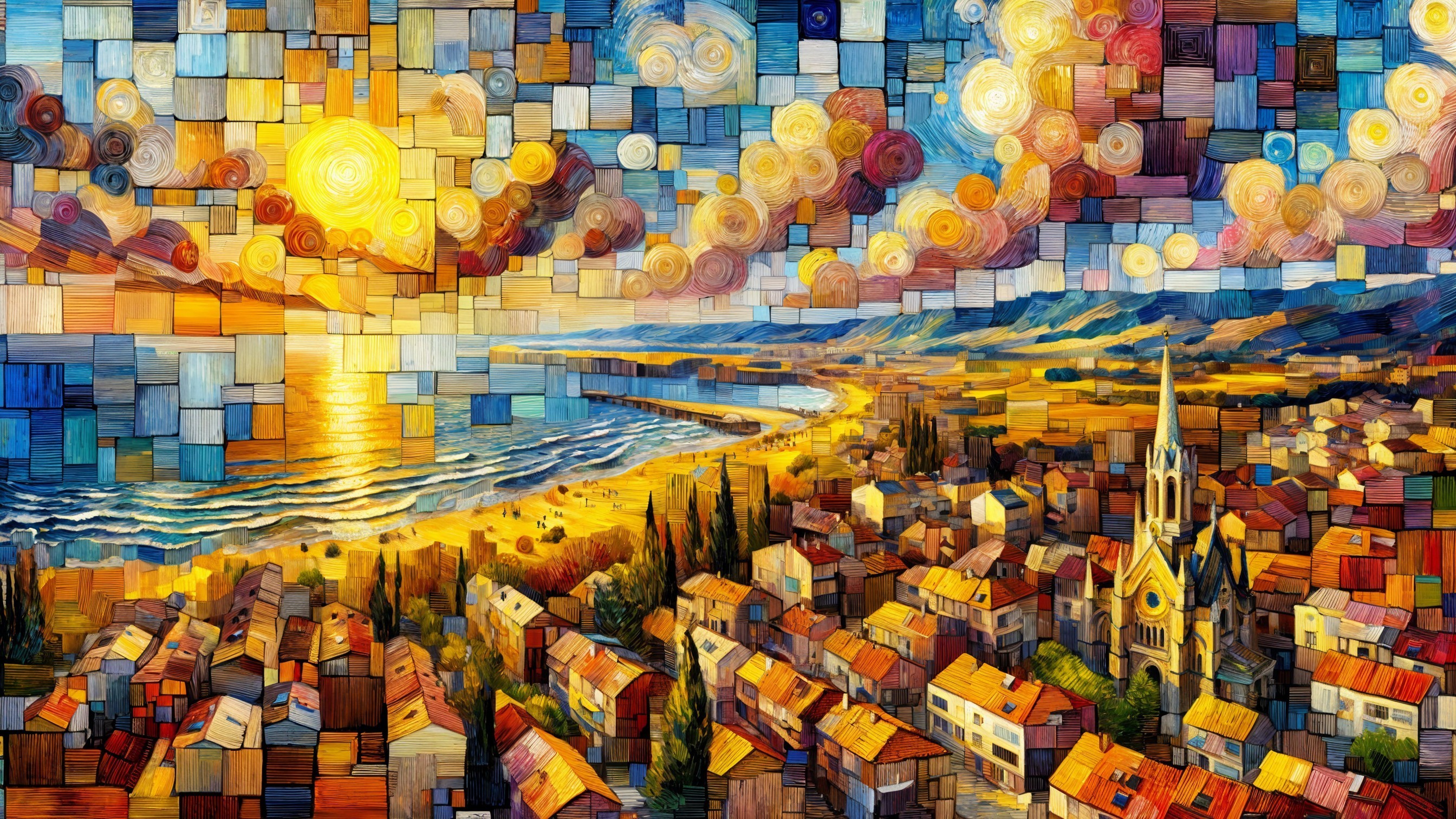 Vibrant Coastal Town Landscape at Sunset