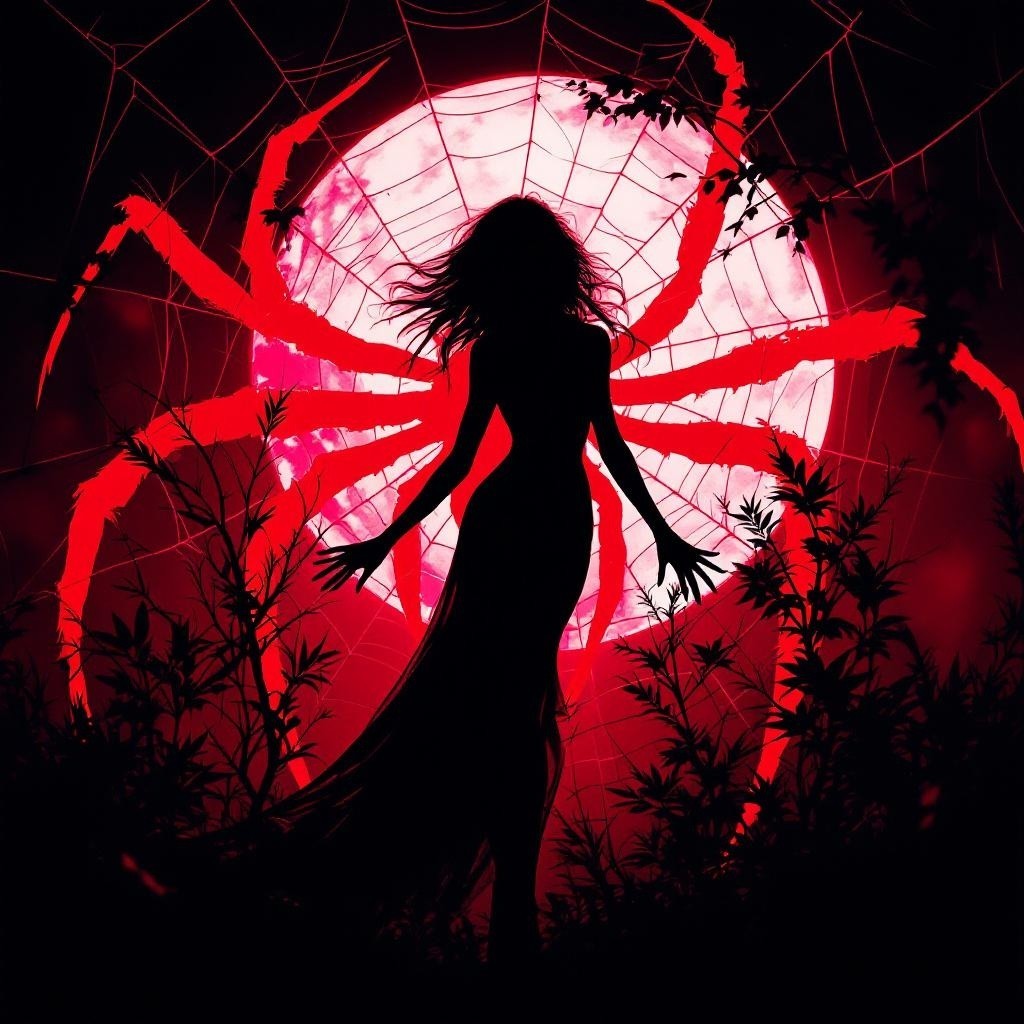 Silhouette of Woman with Spider and Red Moon Background