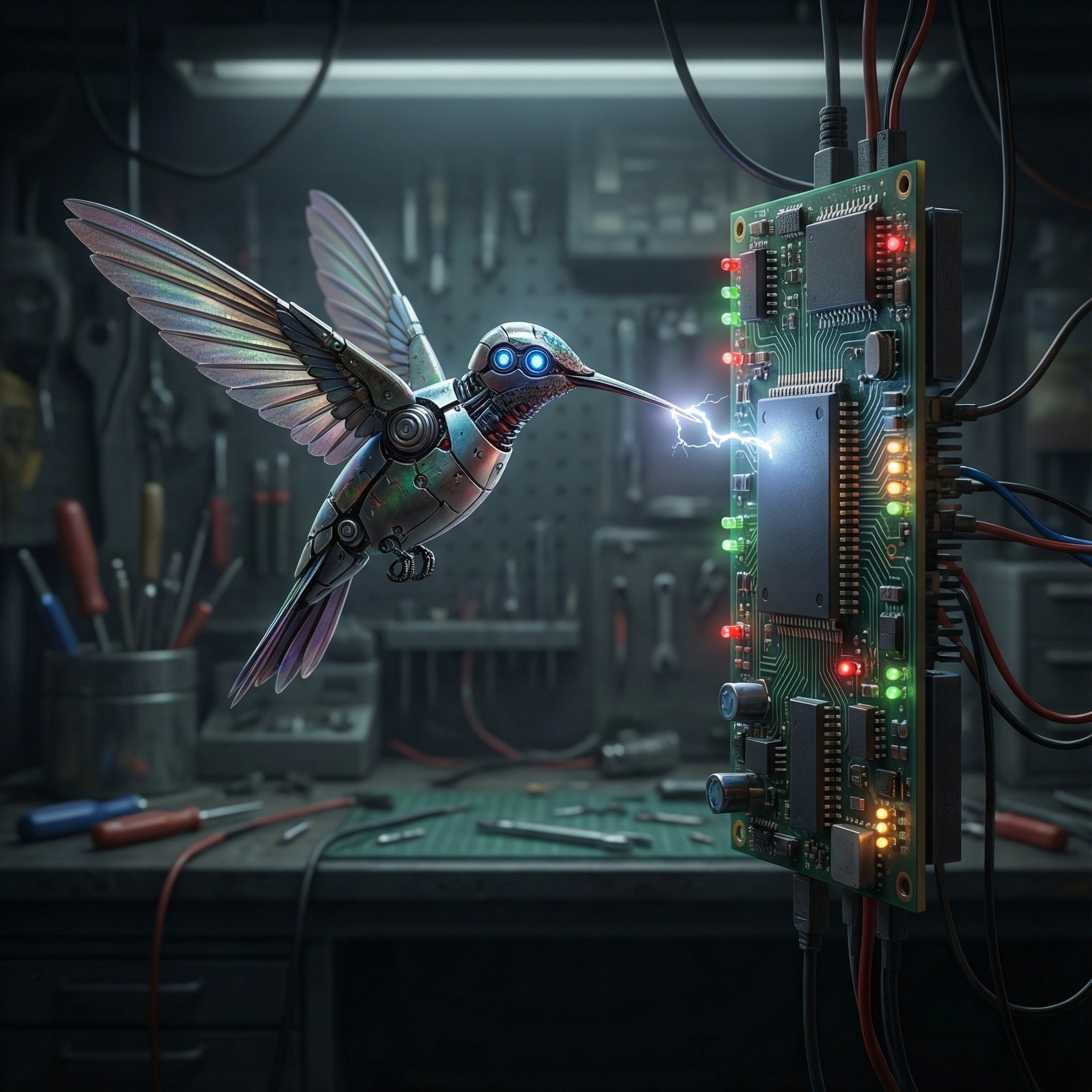 Cybernetic Hummingbird in Dark Workshop Setting