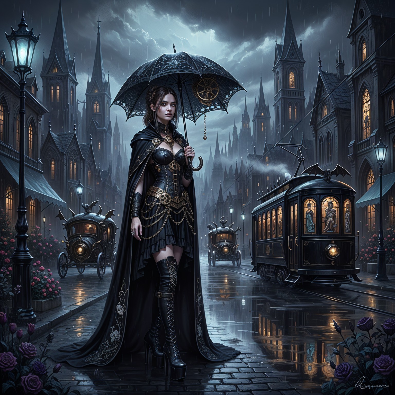 Gothic Woman with Umbrella in Rainy Cityscape