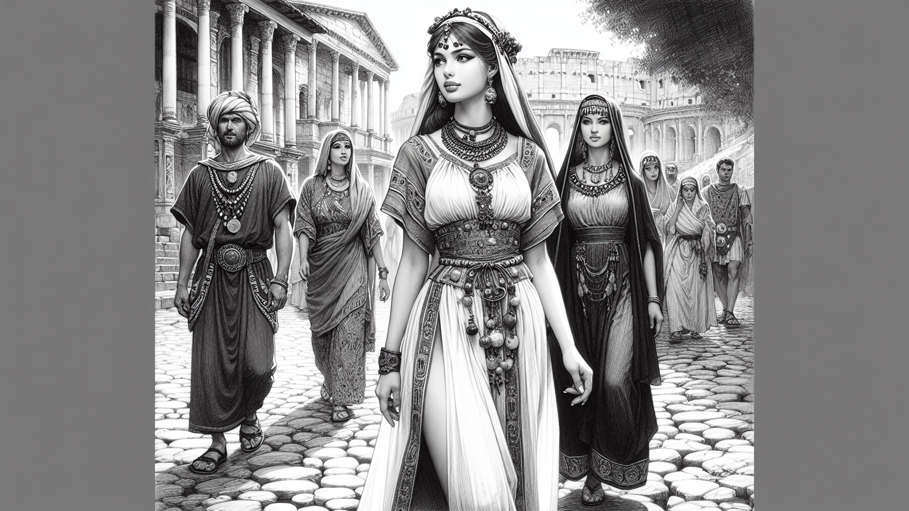 Elegant Figures in Historic Cobblestone Street Scene