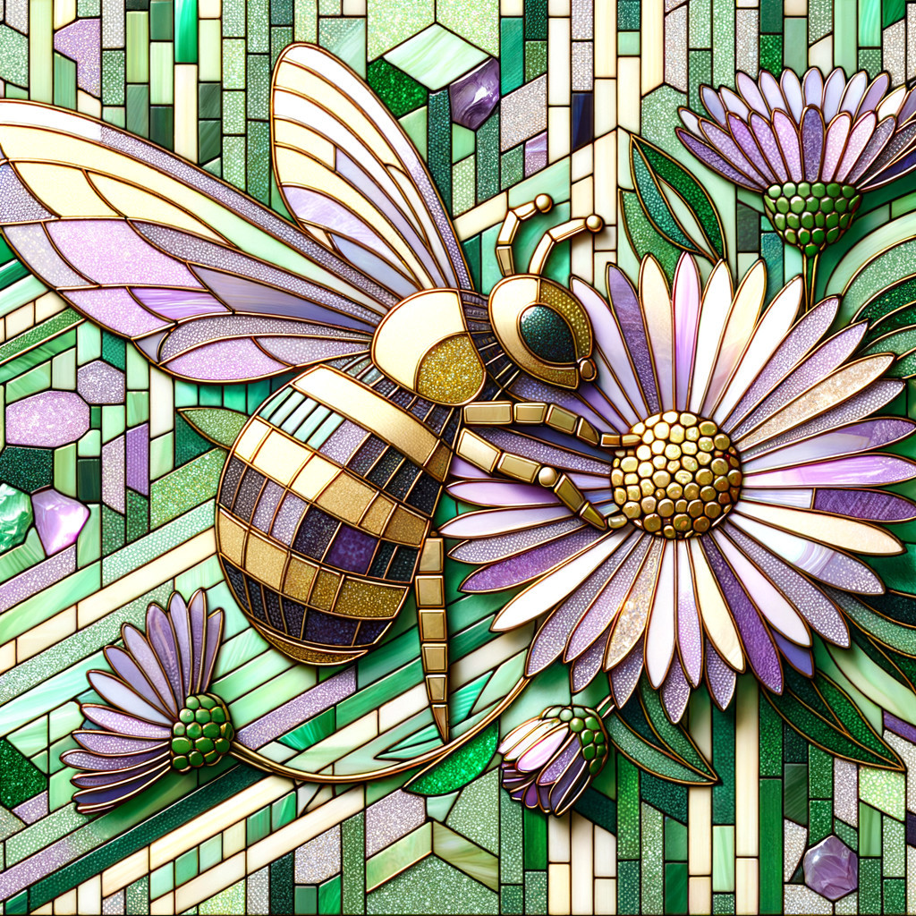 Intricate Stained Glass Design of Bee and Daisy