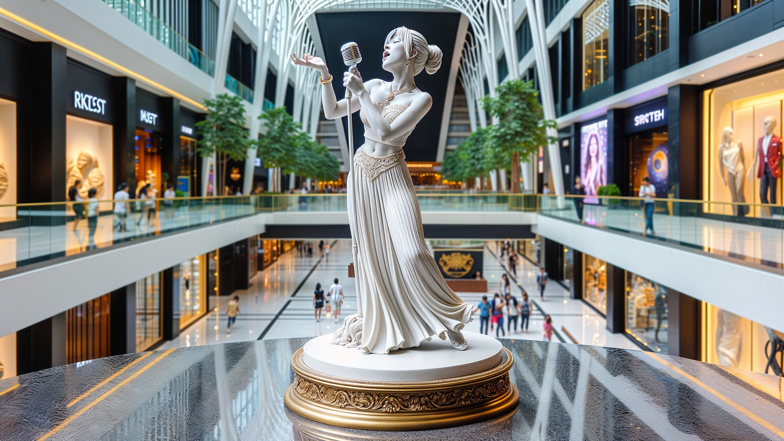 White Statue of Woman in Modern Shopping Mall Atrium