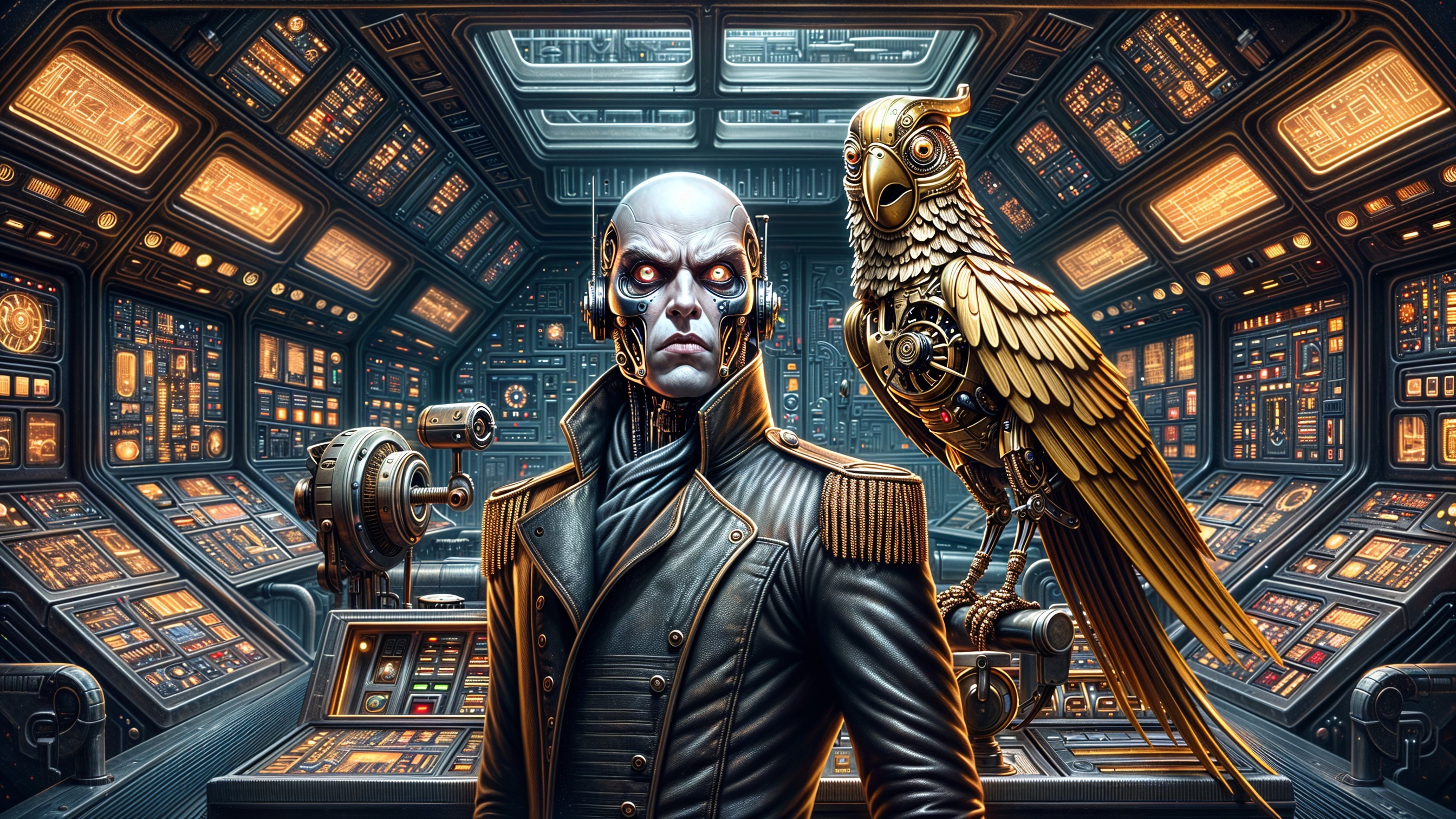 Futuristic Control Room with Humanoid and Robotic Owl