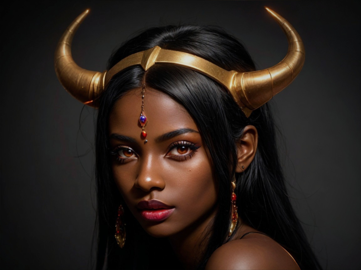Striking Woman with Horned Headpiece and Regal Features