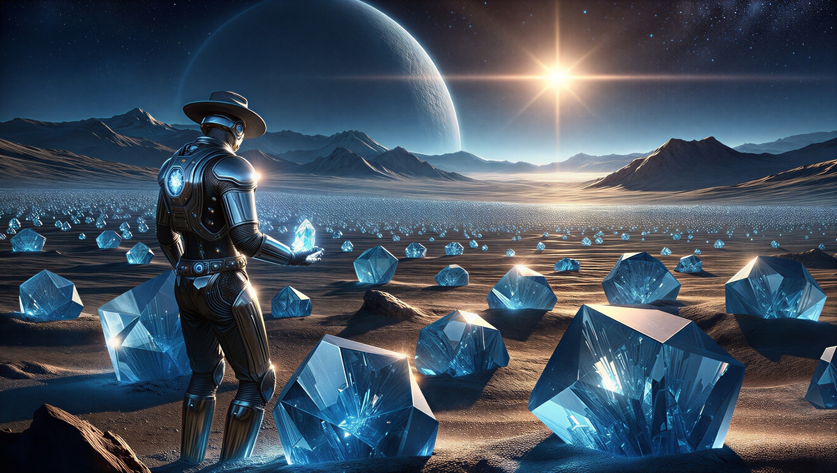 Futuristic Landscape with Figure and Blue Crystals