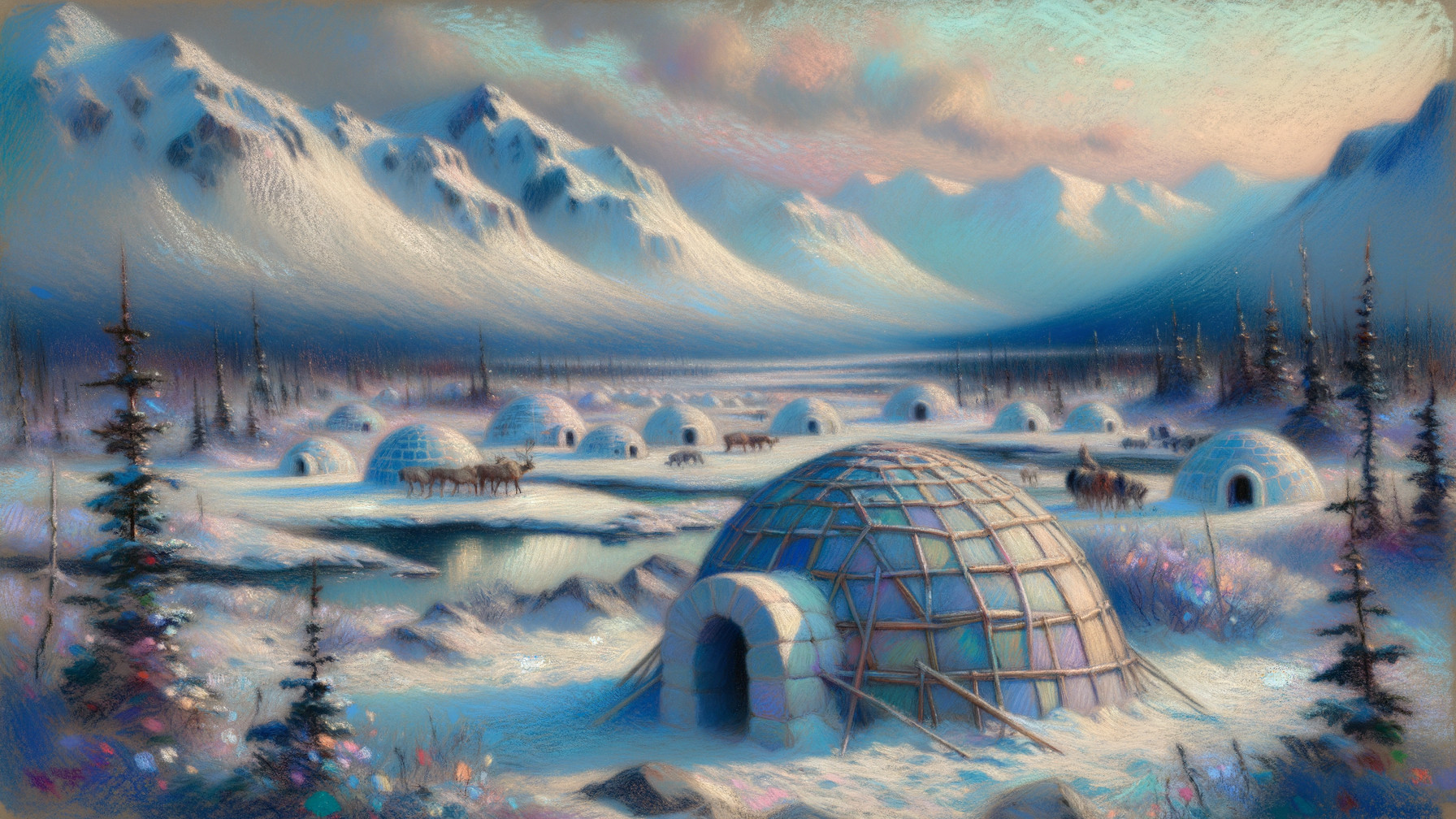 Winter Landscape with Igloos and Grazing Horses