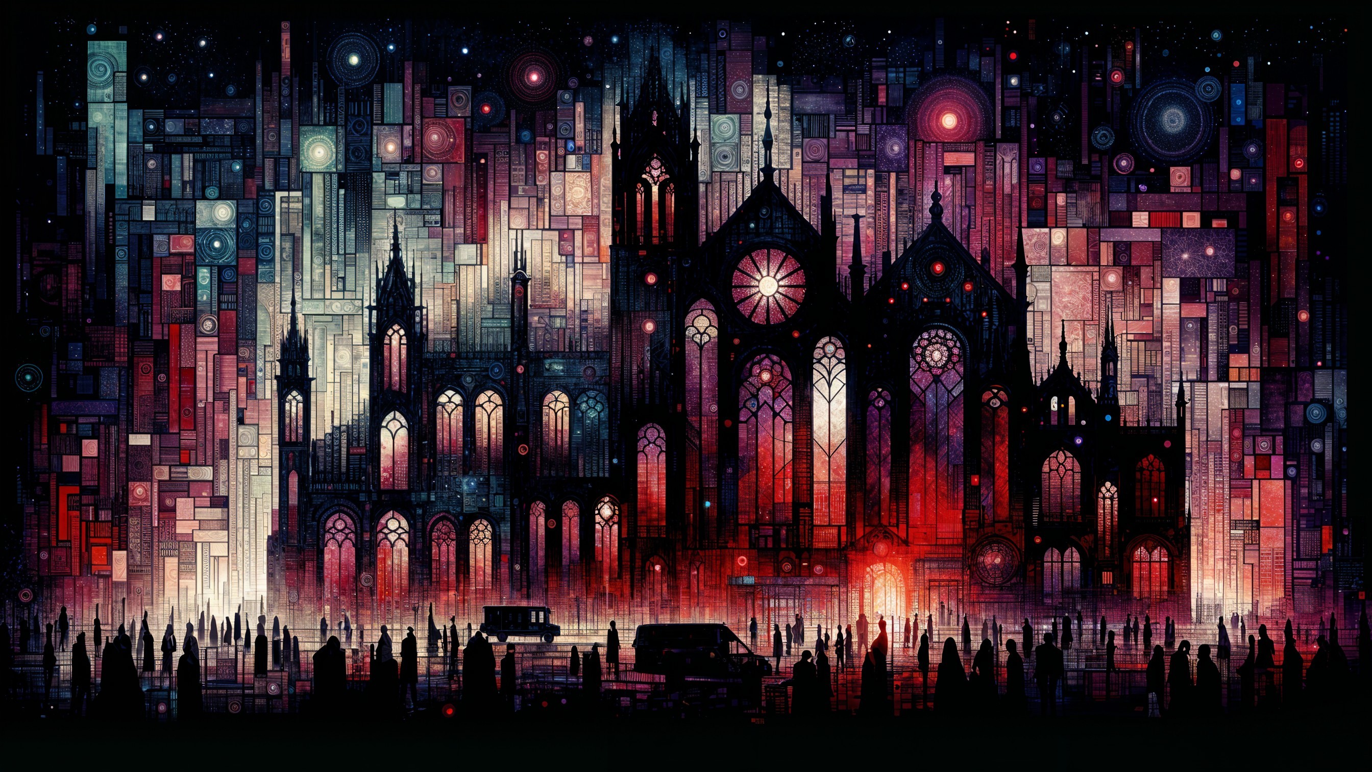 Mosaic Nighttime Scene of Church and City Landscape