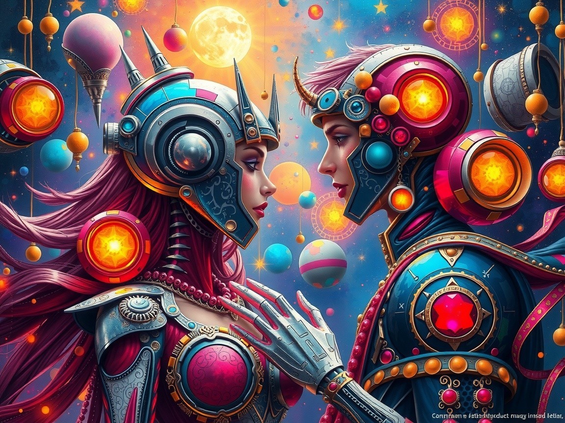 Futuristic Figures in Cosmic Background with Planets