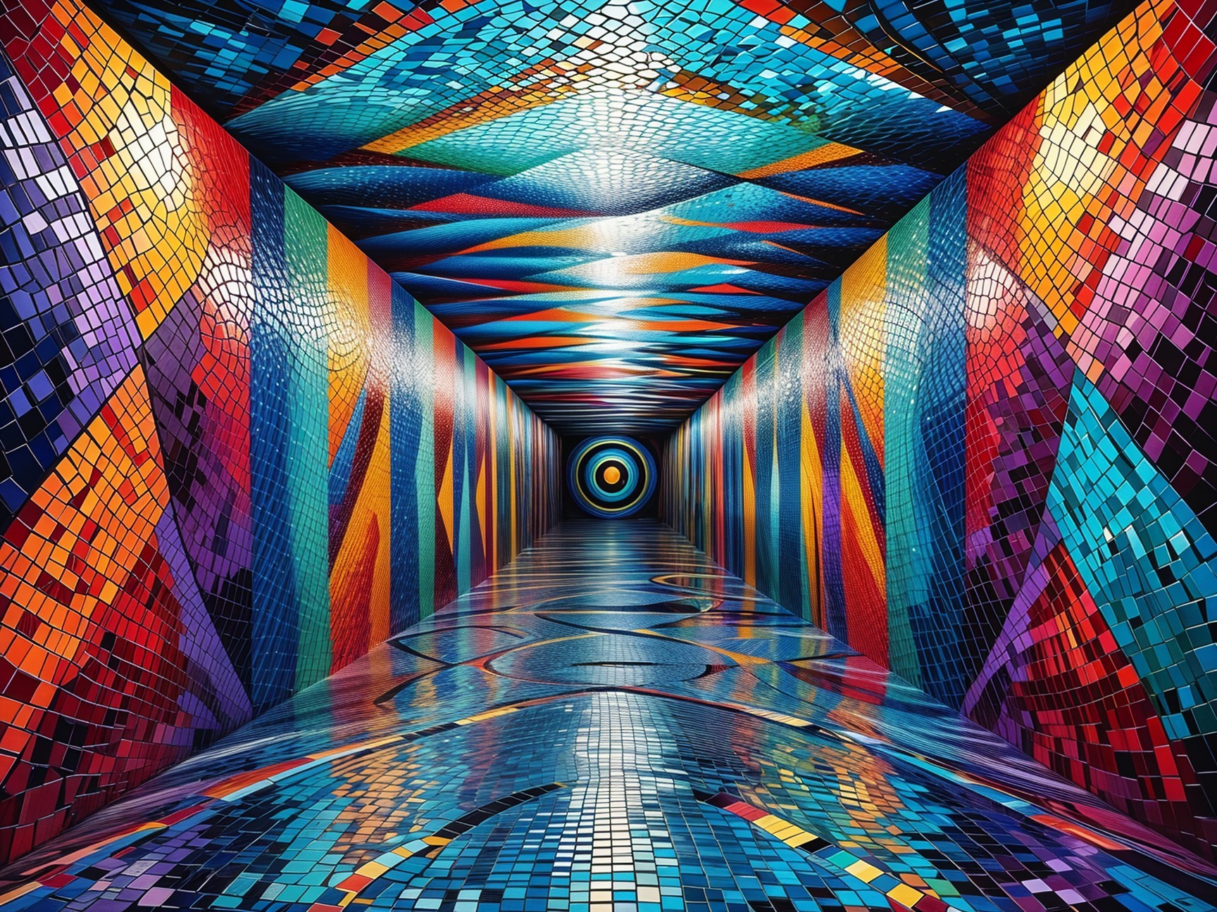Vibrant Hallway with Colorful Mosaic and Patterns