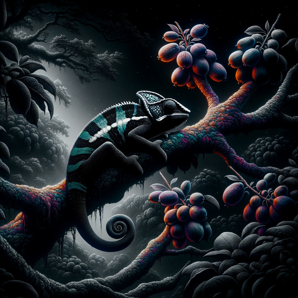 Chameleon on Twisted Branch in Surreal Rainforest