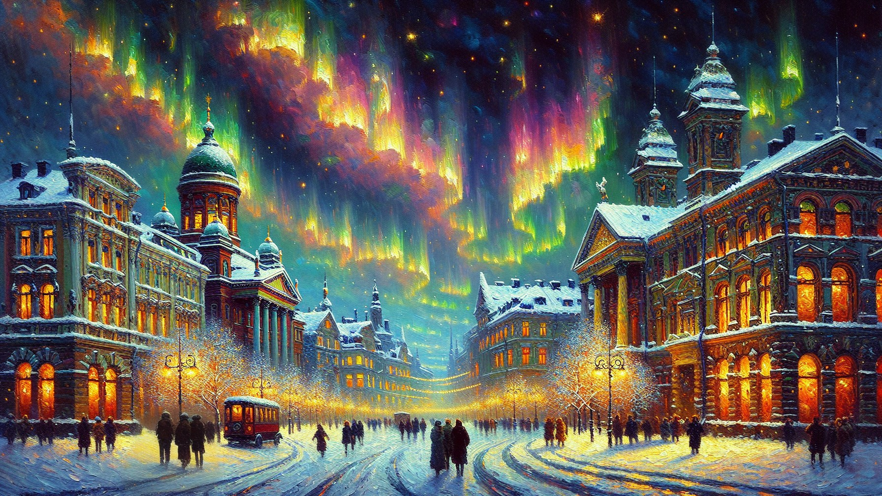 Winter Street Scene with Snow-Covered Buildings and Auroras