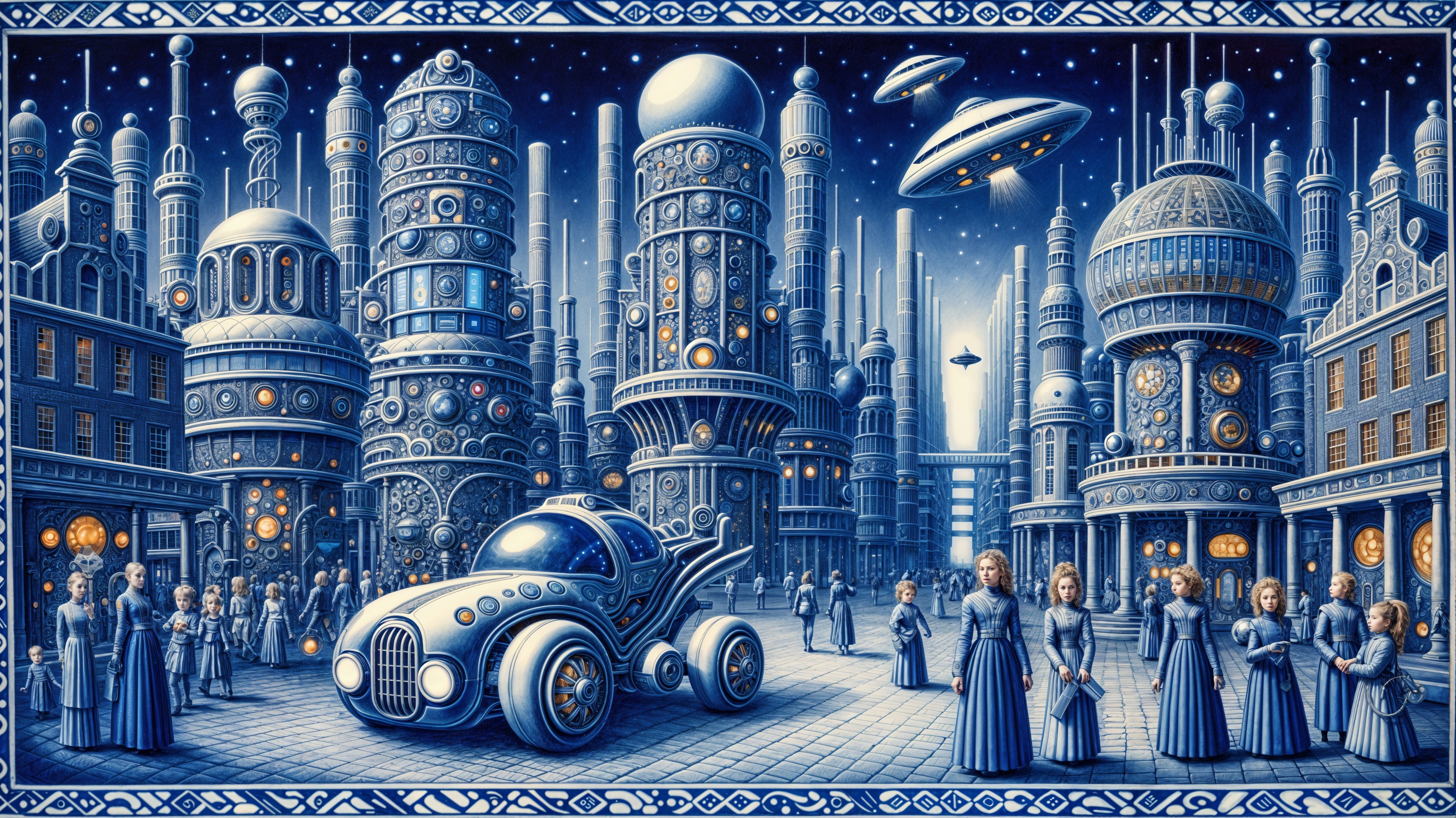 Futuristic cityscape with art deco and sci-fi elements